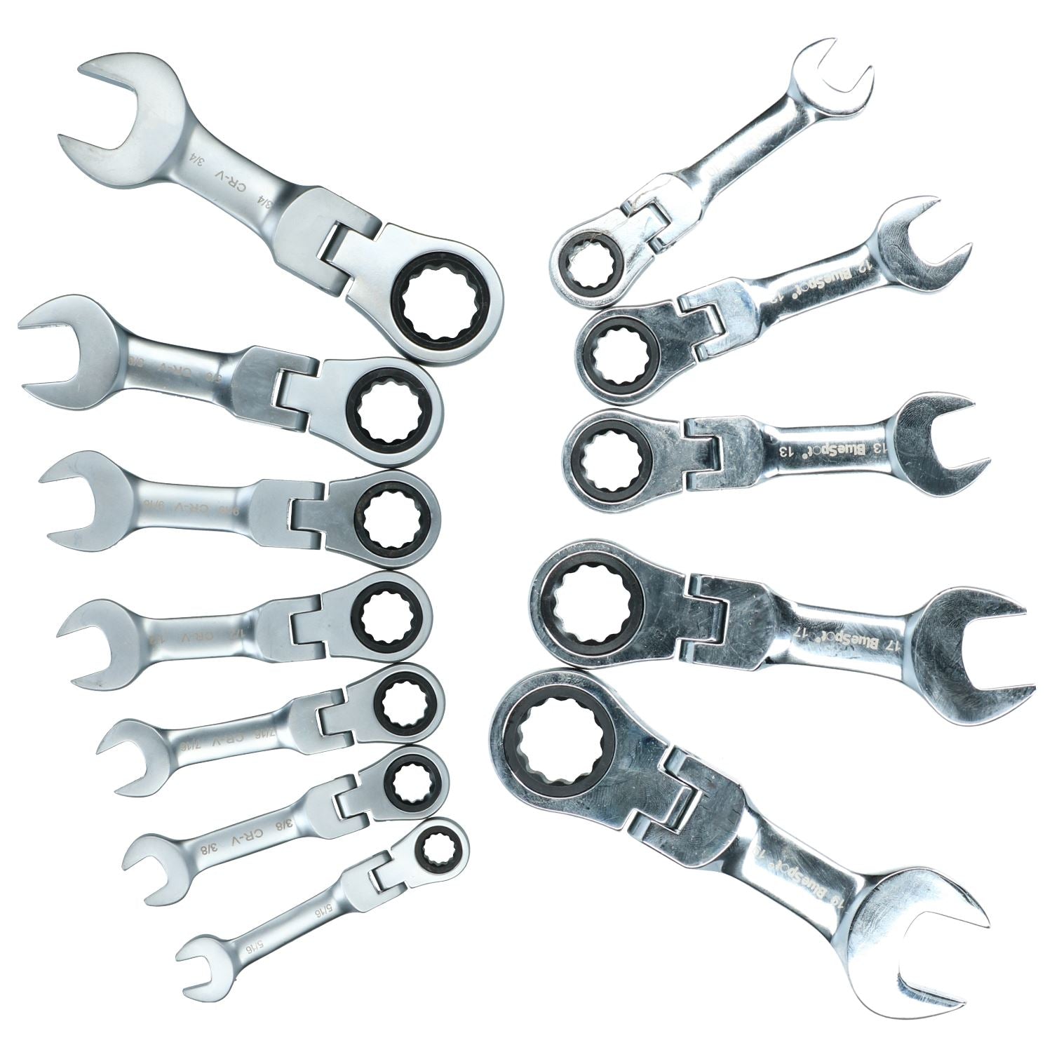 Metrischer + imperialer Stubby Flexible Flexi Ringmaulschlüsselsatz mit Ratsche, 12-teilig