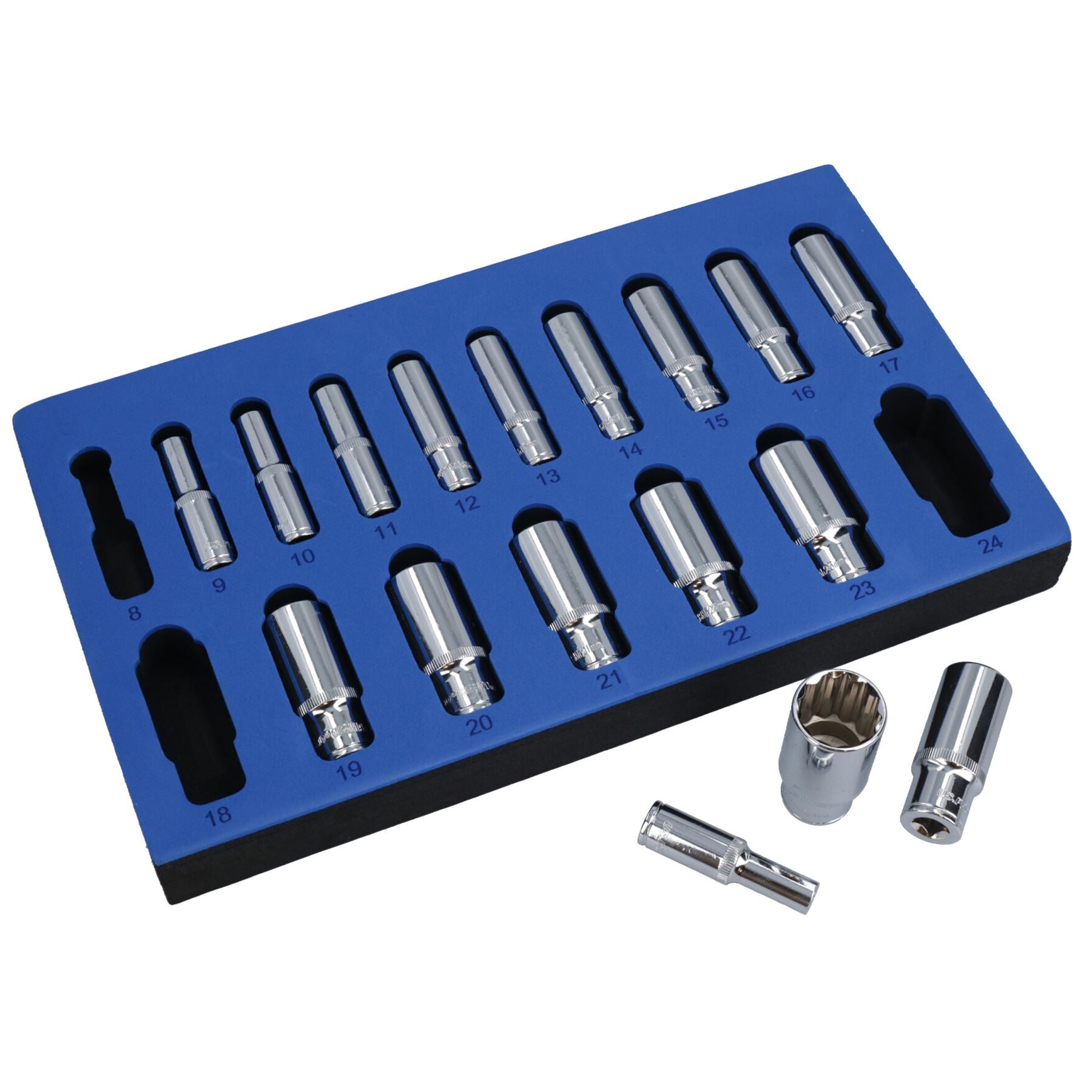 3/8" Drive Double Deep Metric MM Sockets 12 Sided Bi-Hex 8mm - 24mm 17pc