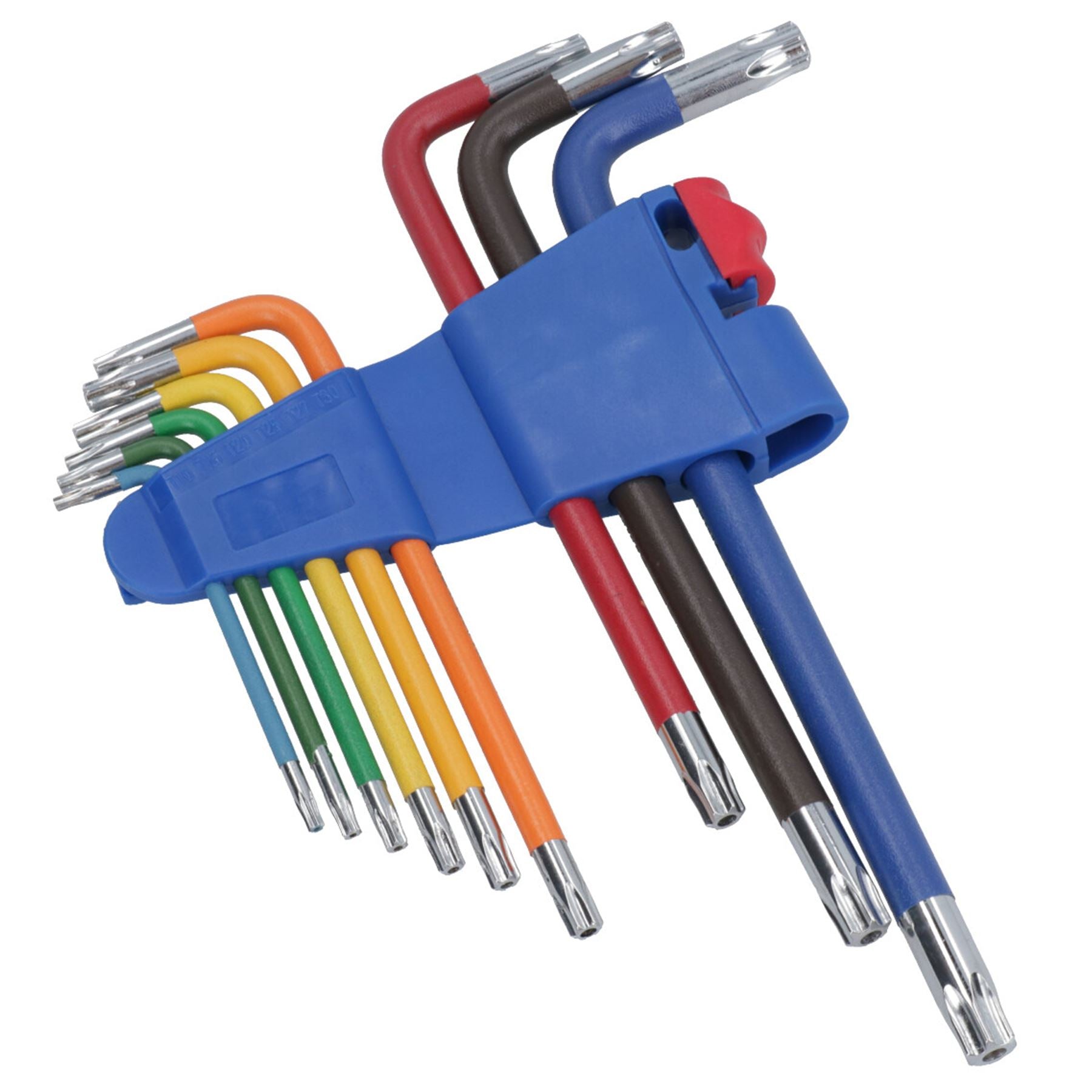9-tlg. Torxschlüssel, lang, Stern, manipulationssicher, mehrfarbig, mit Halter, T10 – T50