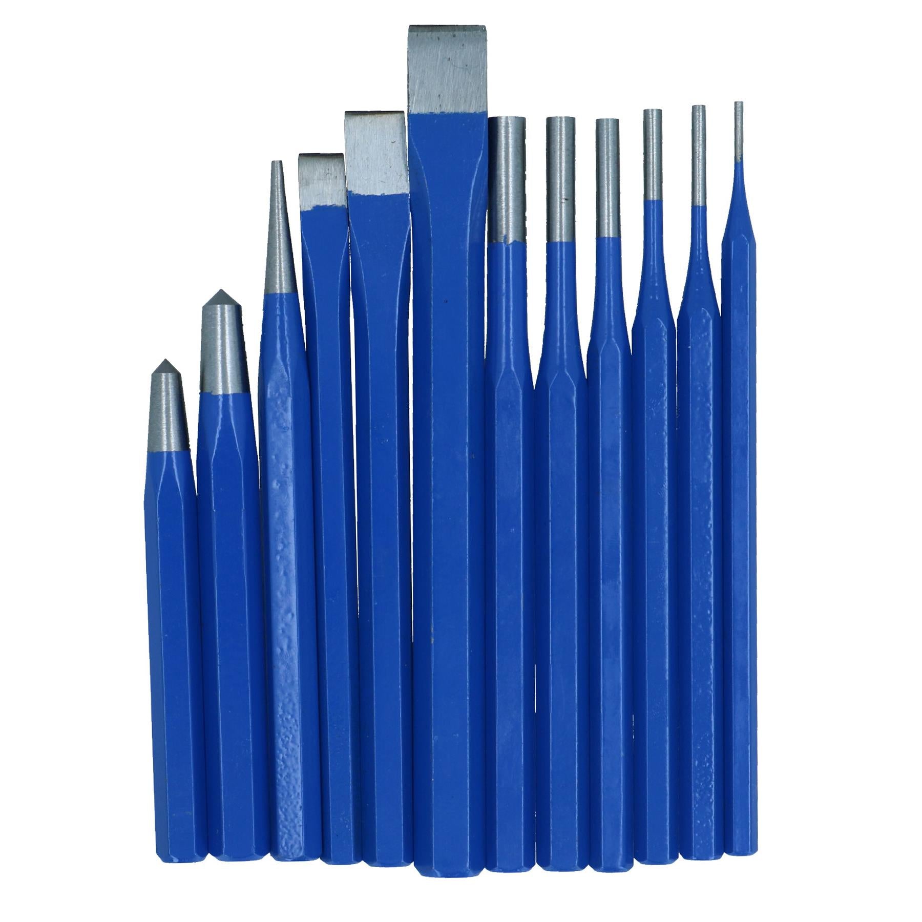 Körner- und Meißelsatz, konisch zulaufender, paralleler Splinttreiber, Kaltmeißel, 12-teilig