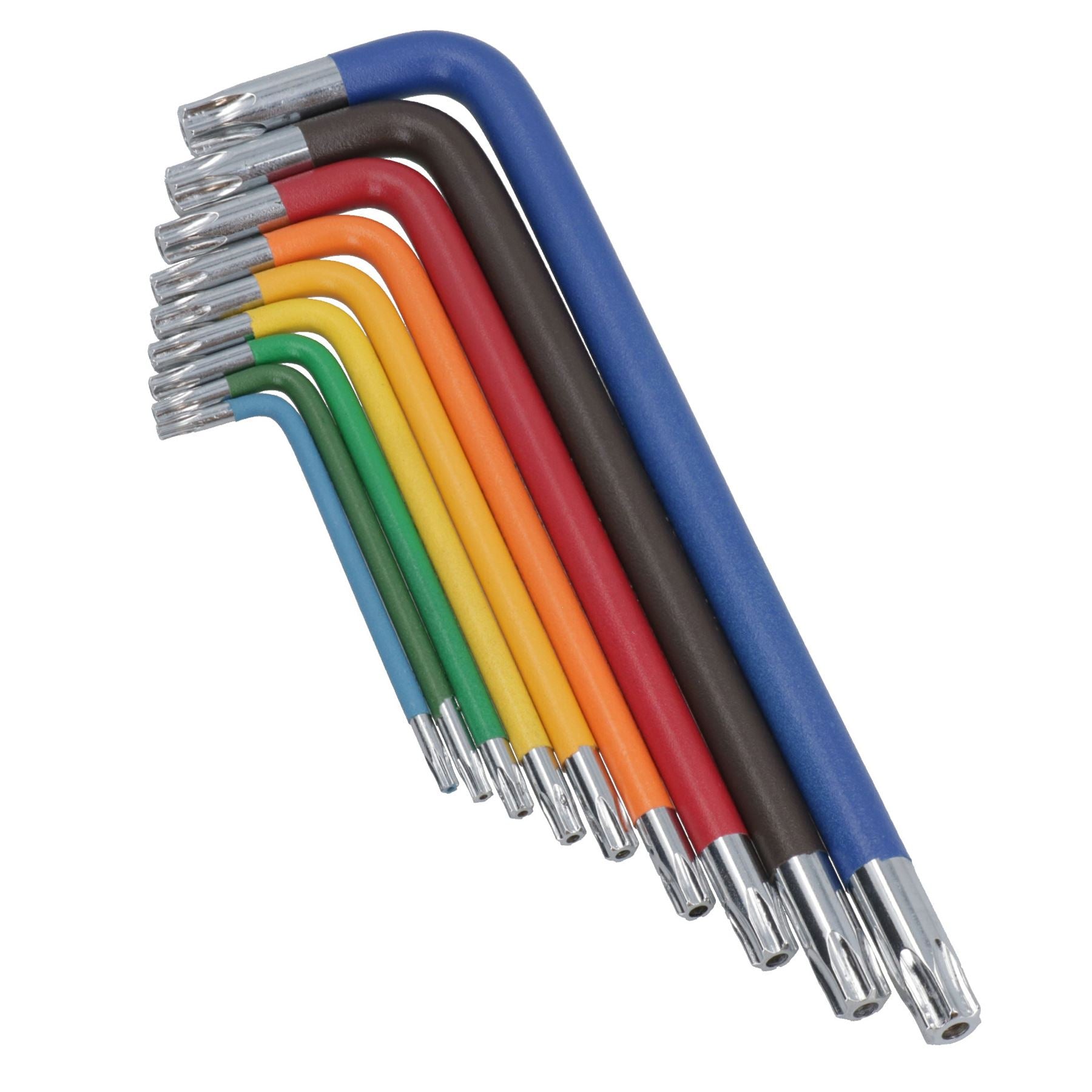 9-tlg. Torxschlüssel, lang, Stern, manipulationssicher, mehrfarbig, mit Halter, T10 – T50