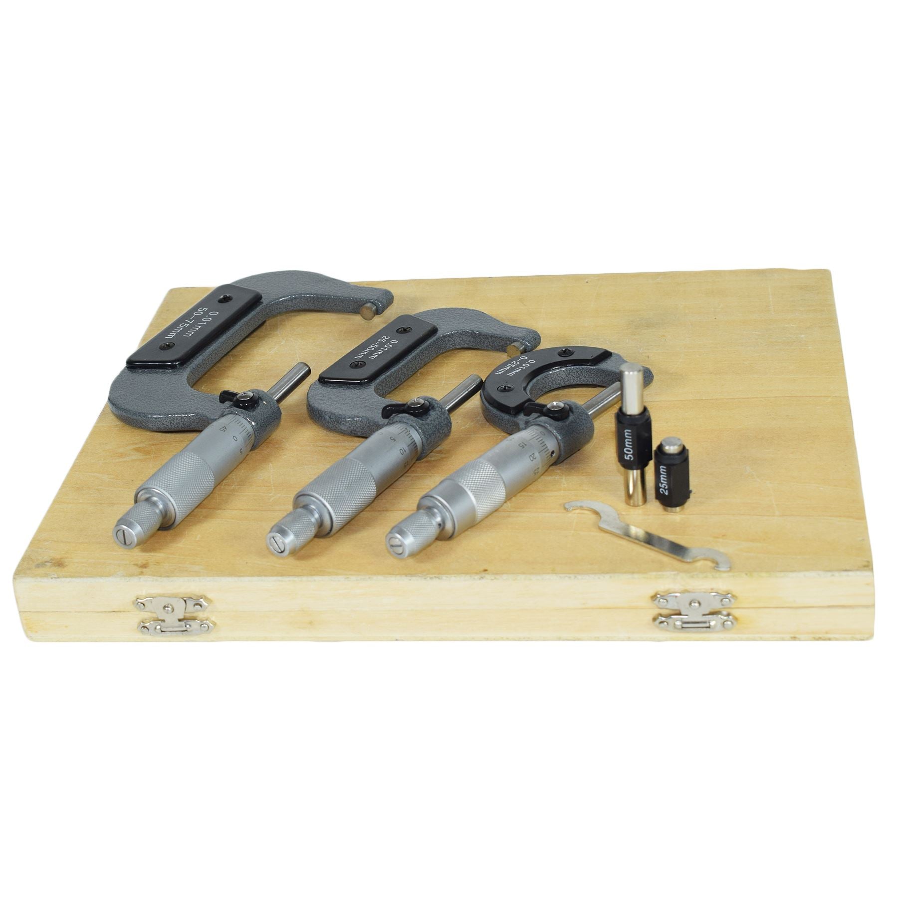 3-teiliges Mikrometer, extern einstellbar, metrisch, Mikrometer, Hartmetall-Ambosse 0–75 mm