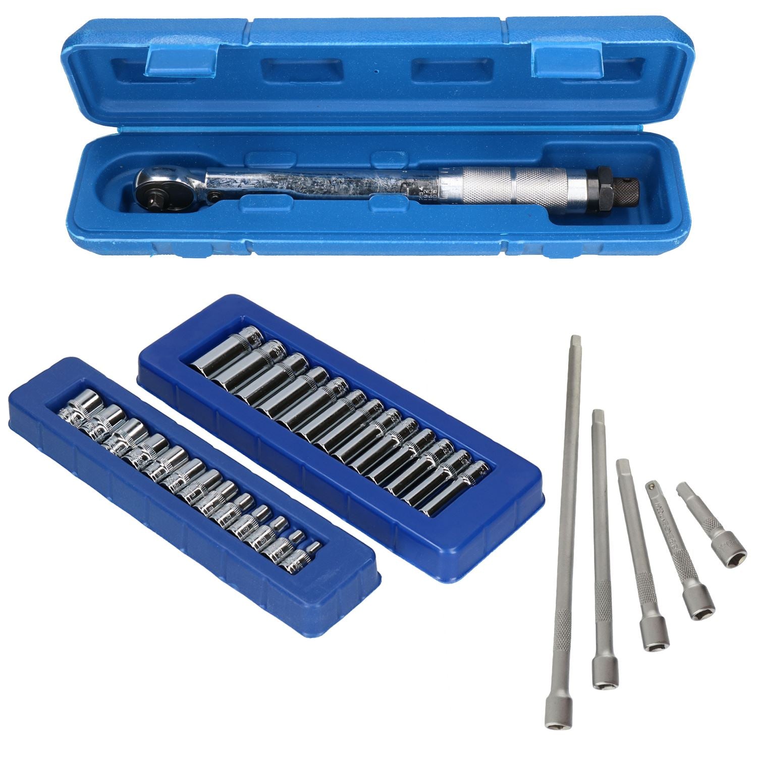 1/4"-Antrieb, Klick-Drehmomentschlüssel, 5 - 25 Nm, mit metrischen Stecknüssen + 5-teiligen Verlängerungen