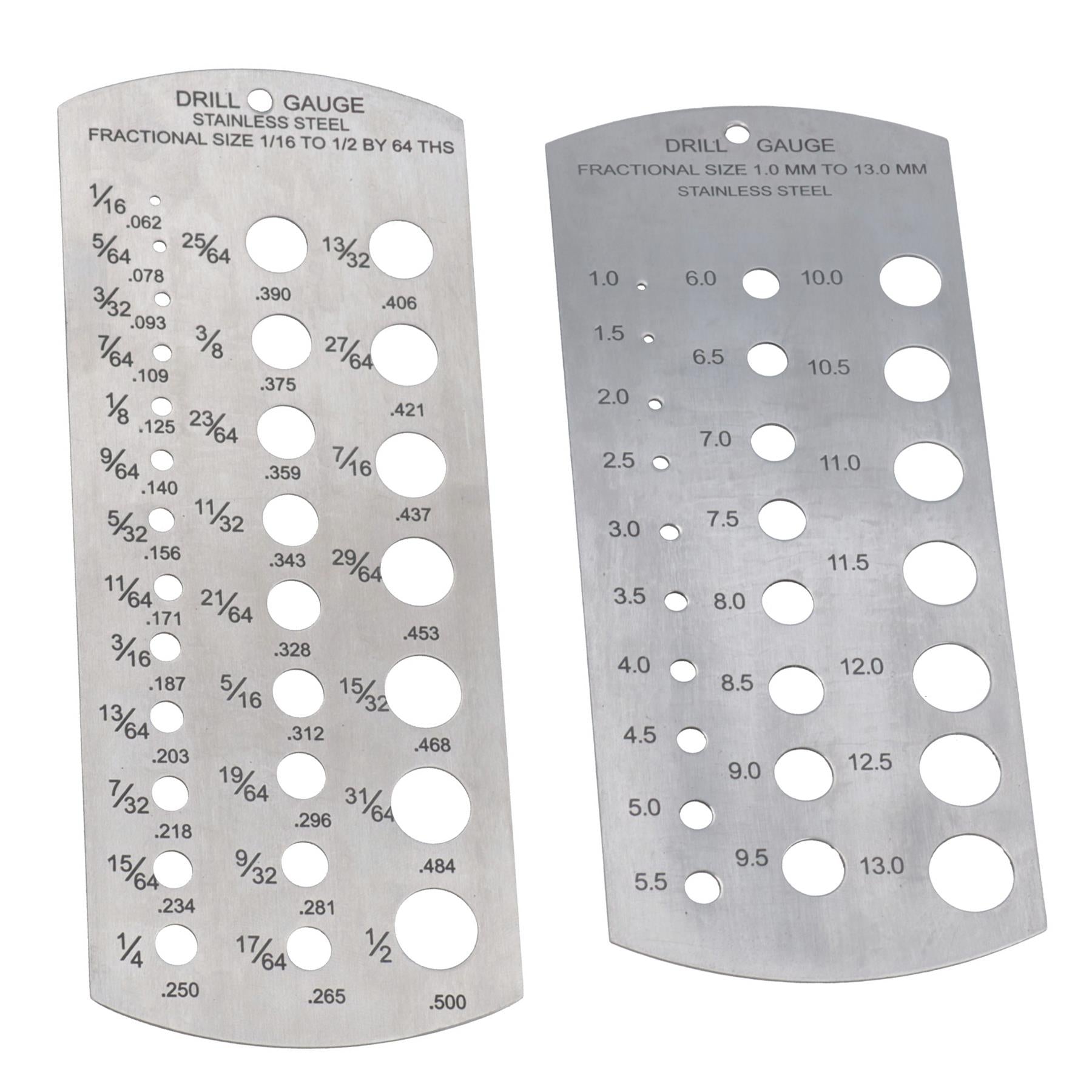 Jauge de taille de foret fractionnaire métrique et impériale de 1 à 13 mm et de 1/16 à 1/2"