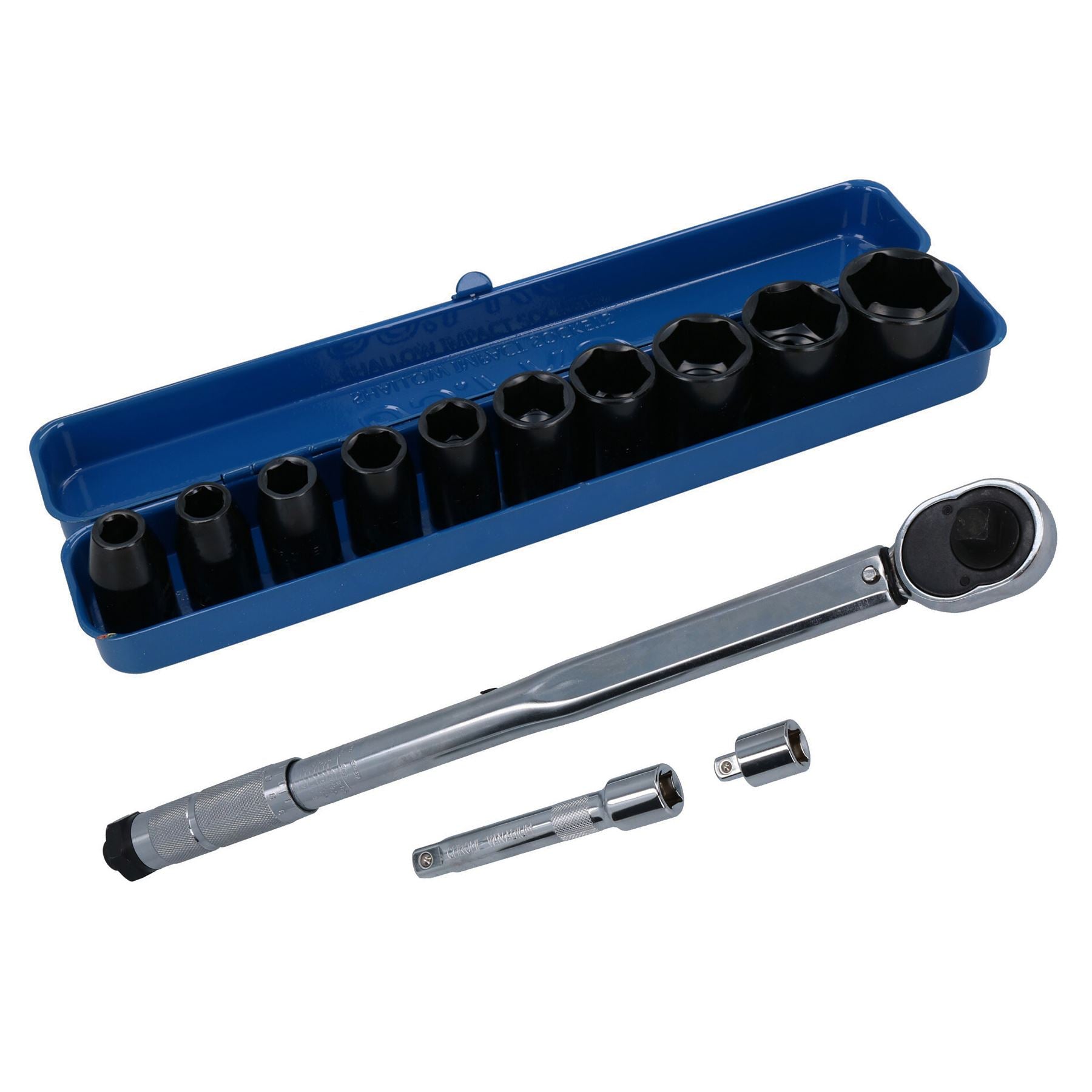 1/2" Drive Torque Wrench 40 – 210Nm + 10pc Shallow Impact Sockets 9 – 27mm