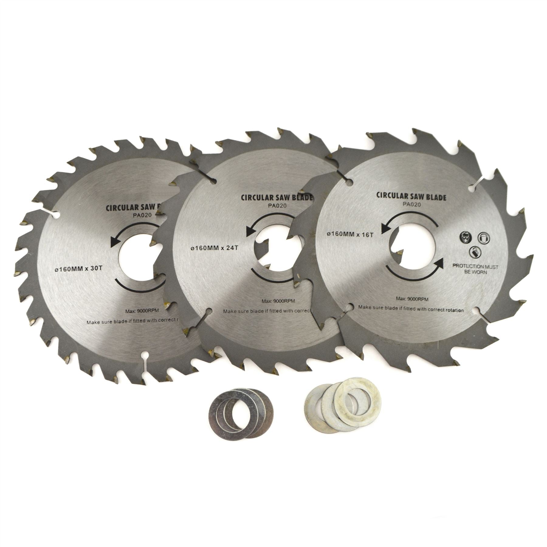 3 Stück 160 mm TCT Kreissägeblätter 16/24/30 TPI & Adapterringe Reduzierstück TE858