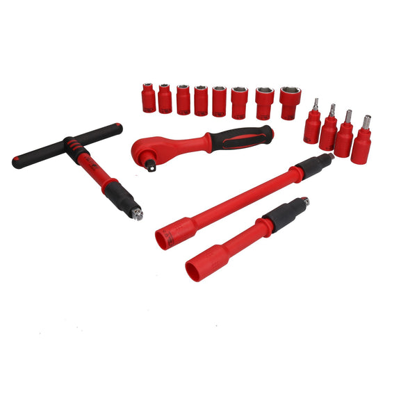 Coffret d'outils et d'accessoires pour douilles métriques isolées VDE à entraînement 3/8" 16 pièces hexagonales + barre en T