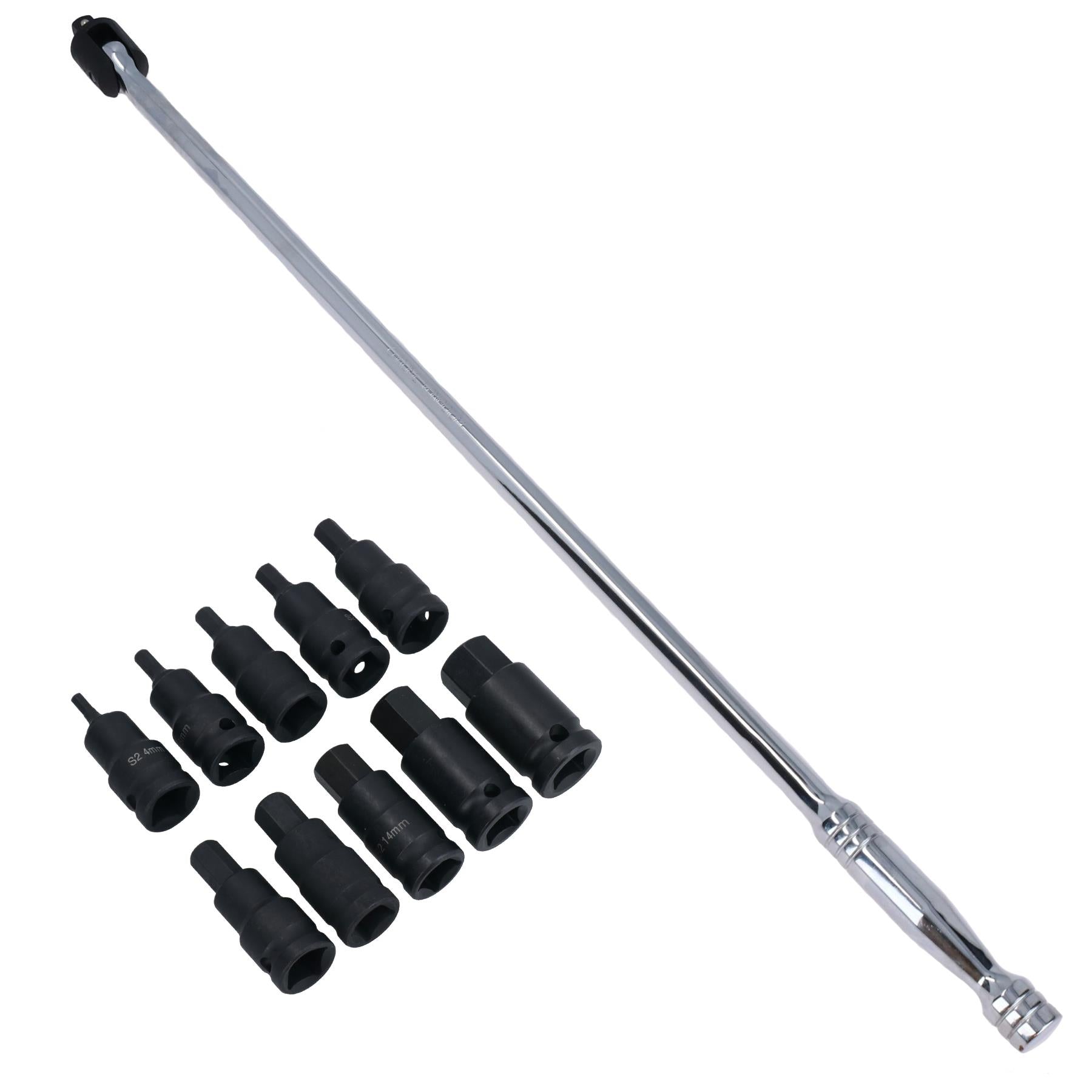 30" Breaker Power Bar & 10pc Impact Hex Bit Socket Set 1/2'' Drive 4 -19mm