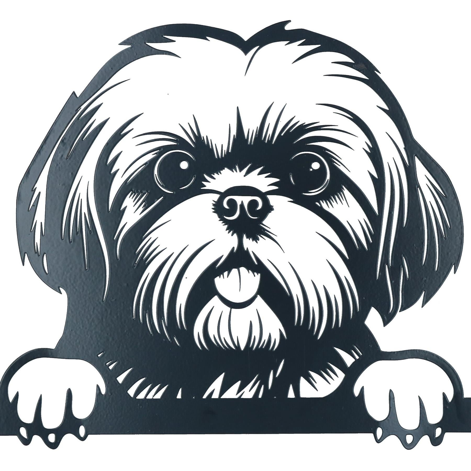 Black Metal Peeking Shih Tzu Silhouette with Fixing Plate Garden Ornament Gift