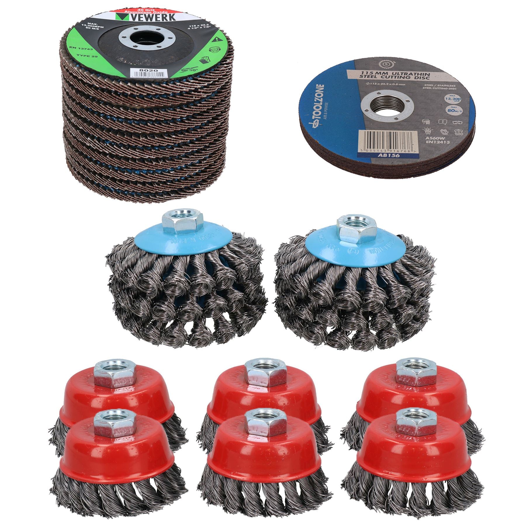 4-1/2” Angle Grinder Consumable Kit Cup Bevel Brushes Flap Cutting Discs 32pc