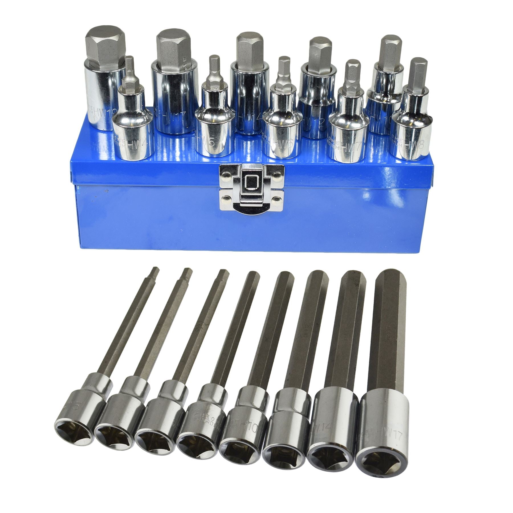 Douilles Allen hexagonales peu profondes et profondes de 1/2 po, tailles métriques 4 mm - 19 mm, 18 pièces