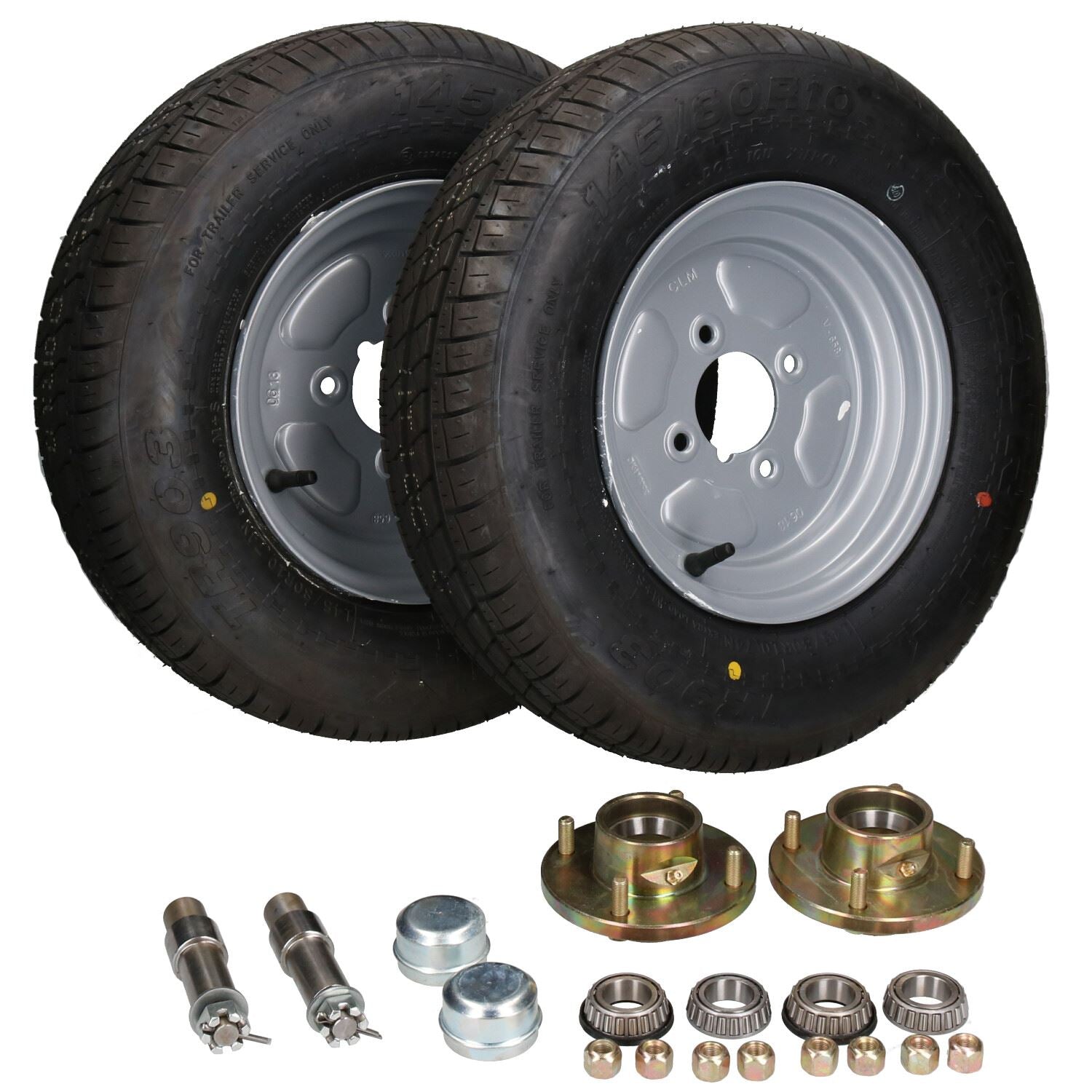 Lot de 2 moyeux de roue, roues et essieux de remorque 10" 145 R10 750 kg