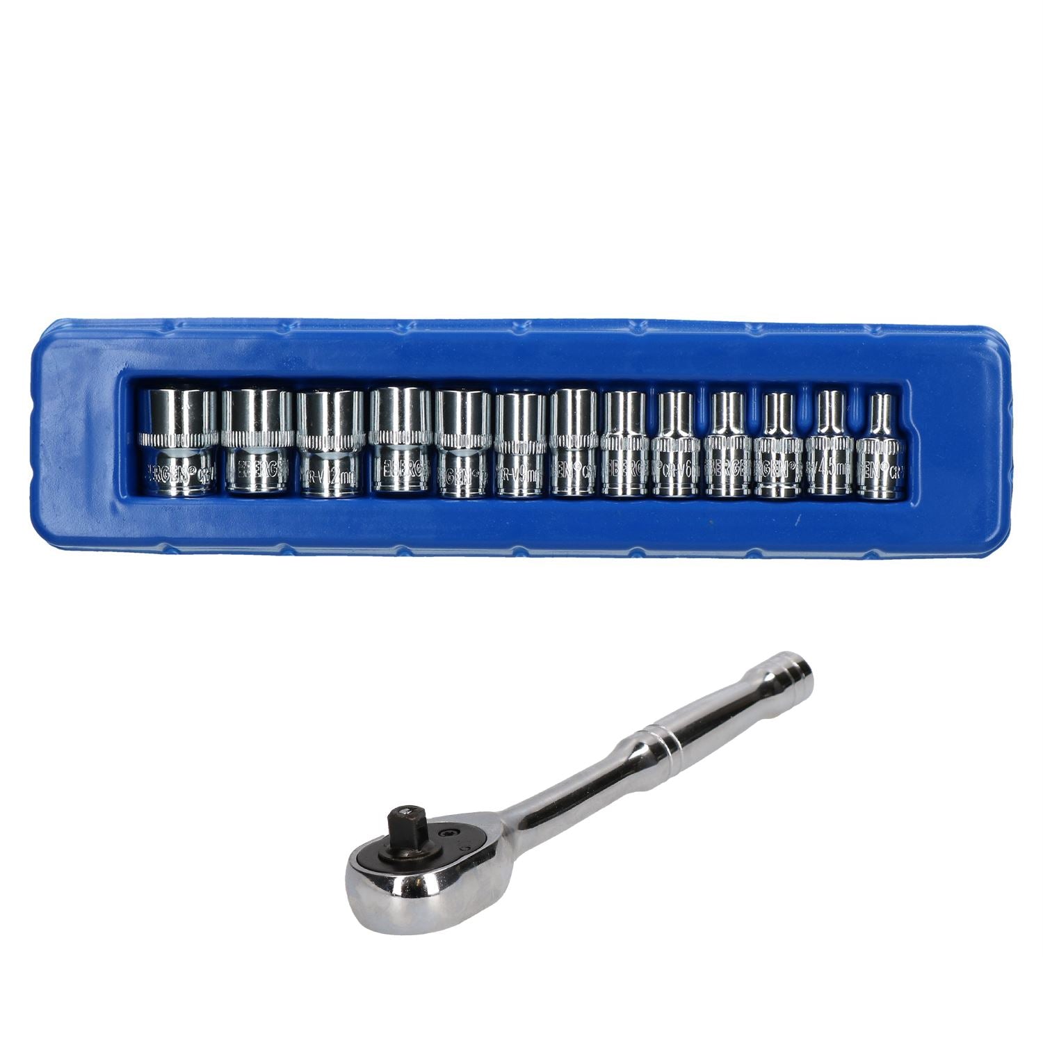 1/4"-Antrieb, metrisch, MM, flache Einzelsechskant-Steckschlüsseleinsätze, 4–14 mm, + Ratsche, 14-tlg.