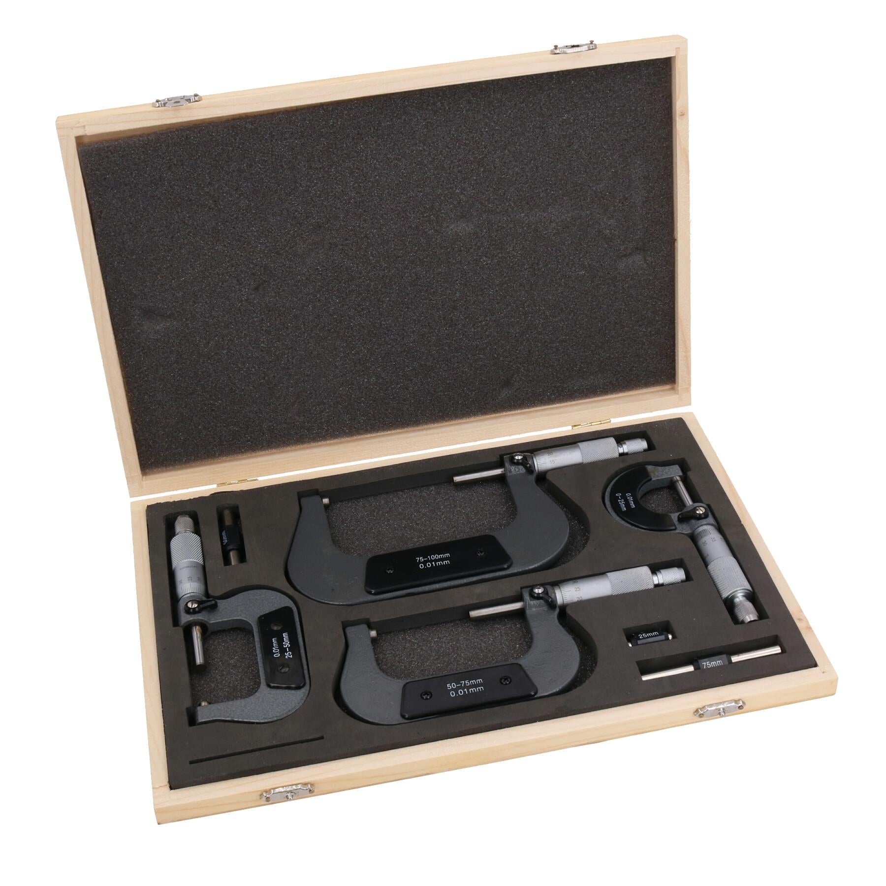 4-teiliges Mikrometer, extern einstellbar, metrisch, Mikrometer, Hartmetall-Ambosse, 0–100 mm