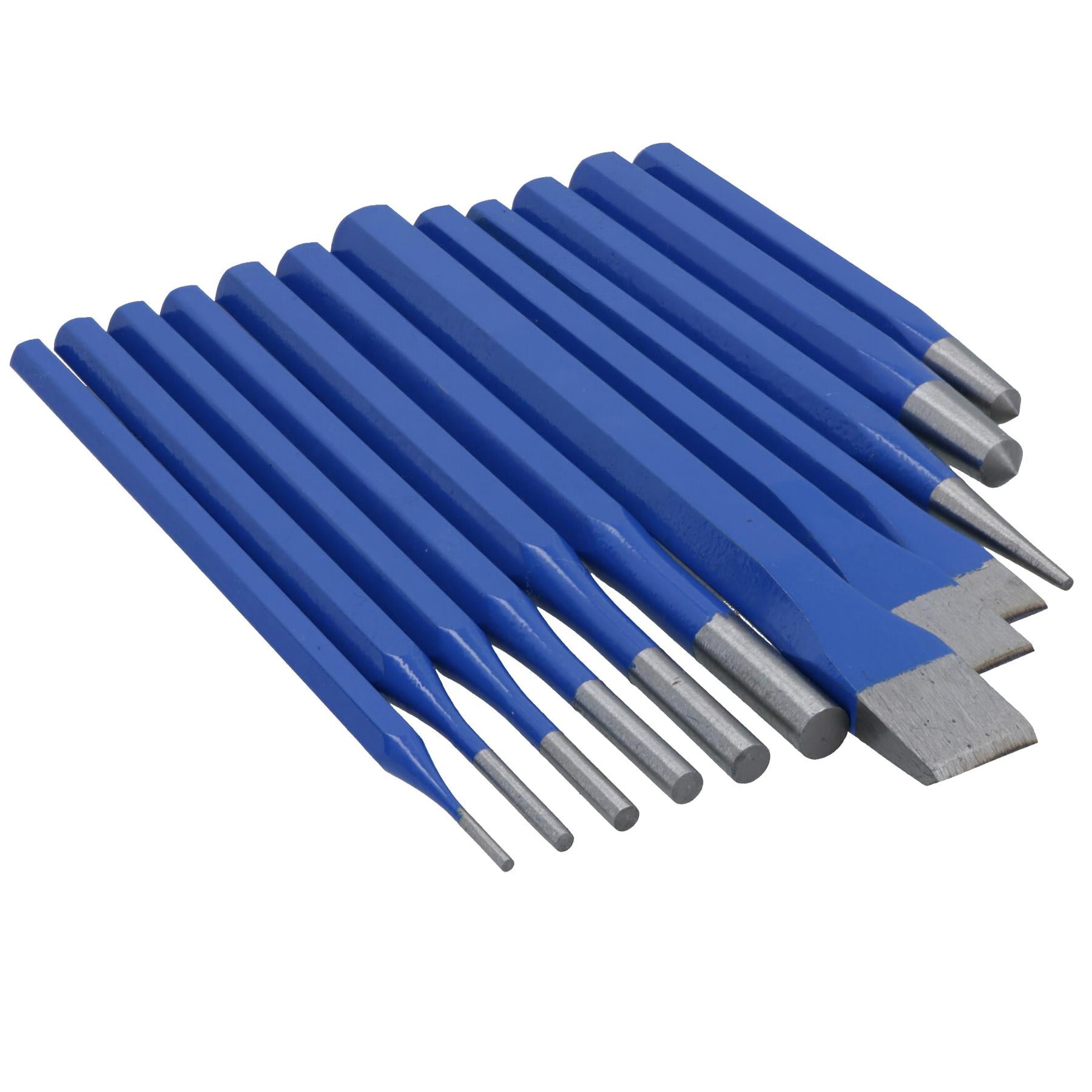 Körner- und Meißelsatz, konisch zulaufender, paralleler Splinttreiber, Kaltmeißel, 12-teilig