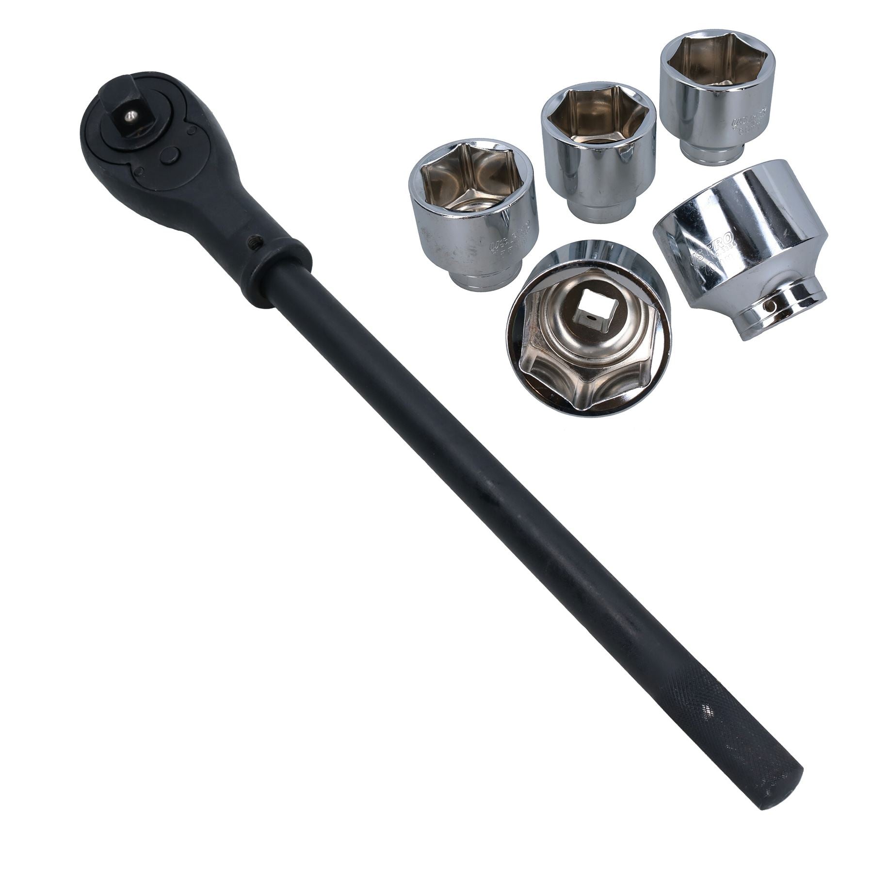 Umschaltknarre mit 3/4-Zoll-Antrieb und robuster Ausführung + 5 flache metrische Stecknüsse 55 – 70 mm