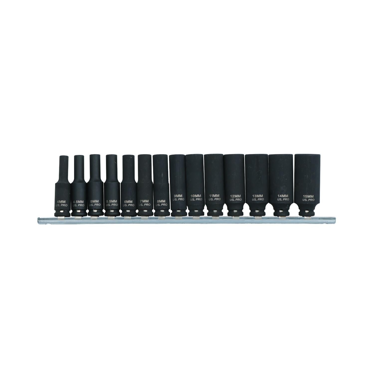 1/4" Antrieb, tiefe metrische Schlagnüsse, 6-seitig, 14-tlg., 4 mm – 15 mm, US Pro Tools