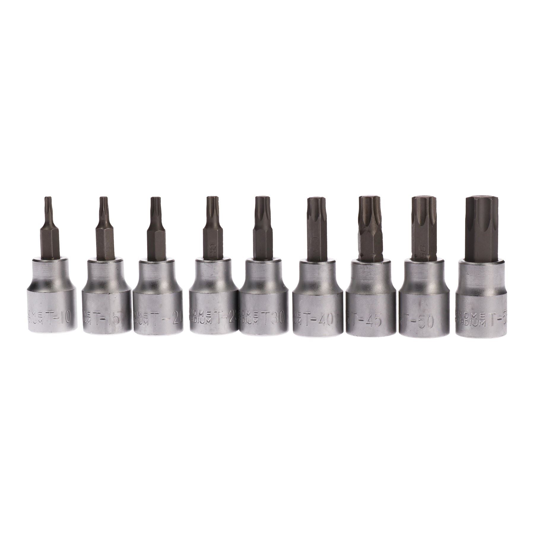 9-tlg. 3/8 Zoll Dr. Star Torx-Bit-Steckschlüssel-Einsätze auf Schiene T10 - T55 Flachstecker