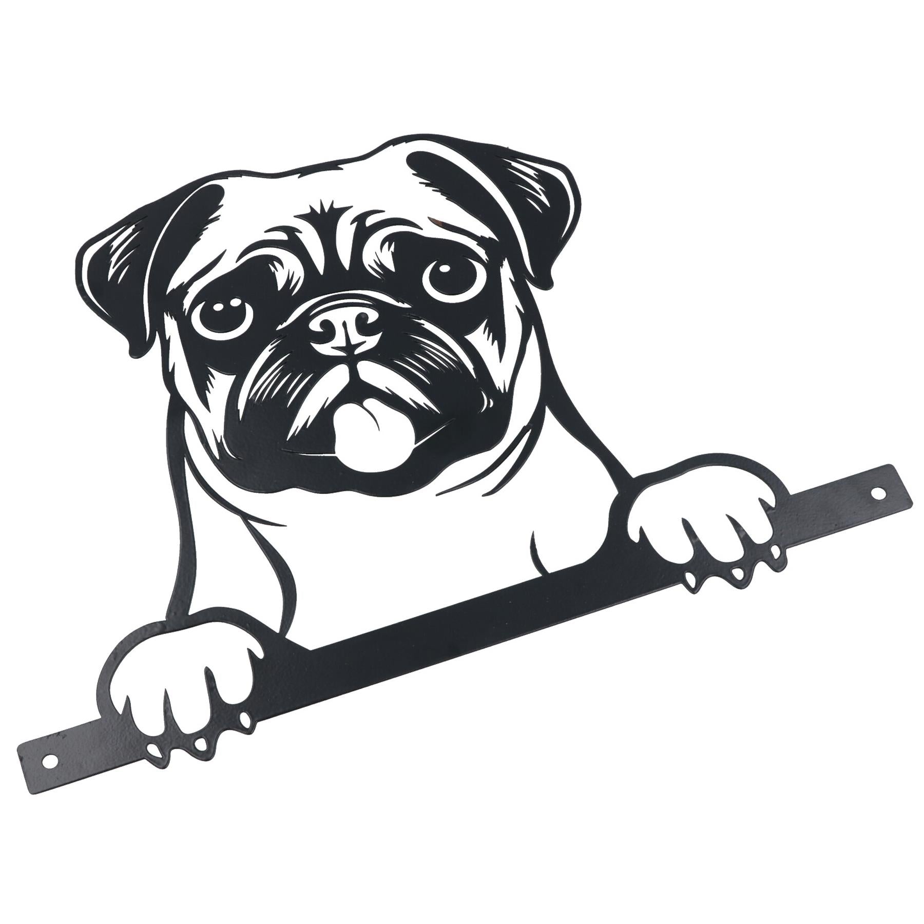 Black Metal Peeking Pug Silhouette with Fixing Plate Garden Ornament Gift