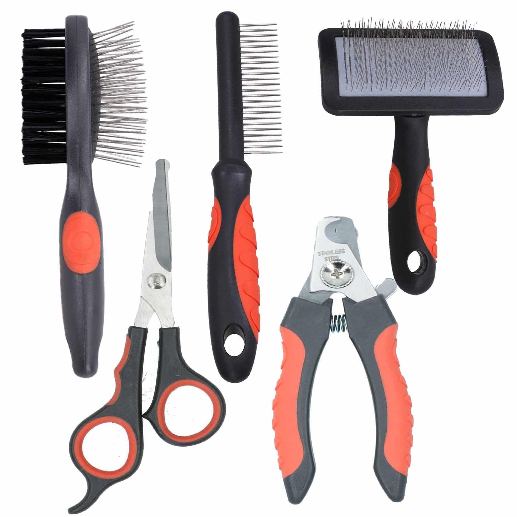 Dog Cat Groom Set: Coarse Comb, Slicker/Double Sided Brush,Scissors, Clippers