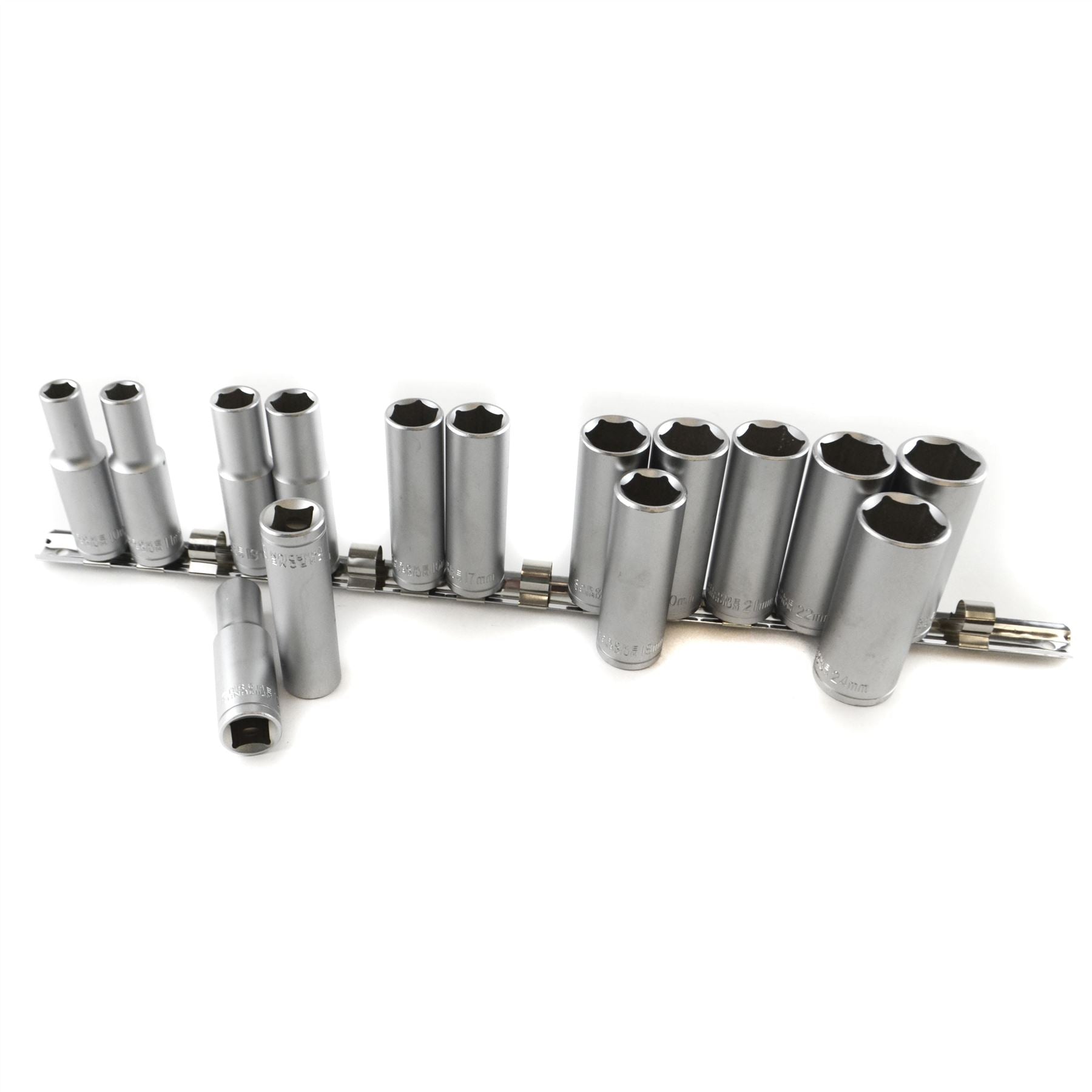 15-tlg. 1/2-Zoll-Dr. Deep Reach CRV-Steckschlüssel auf Schiene, 10–24 mm, Sechskant, 6-kant, metrisch, TE885