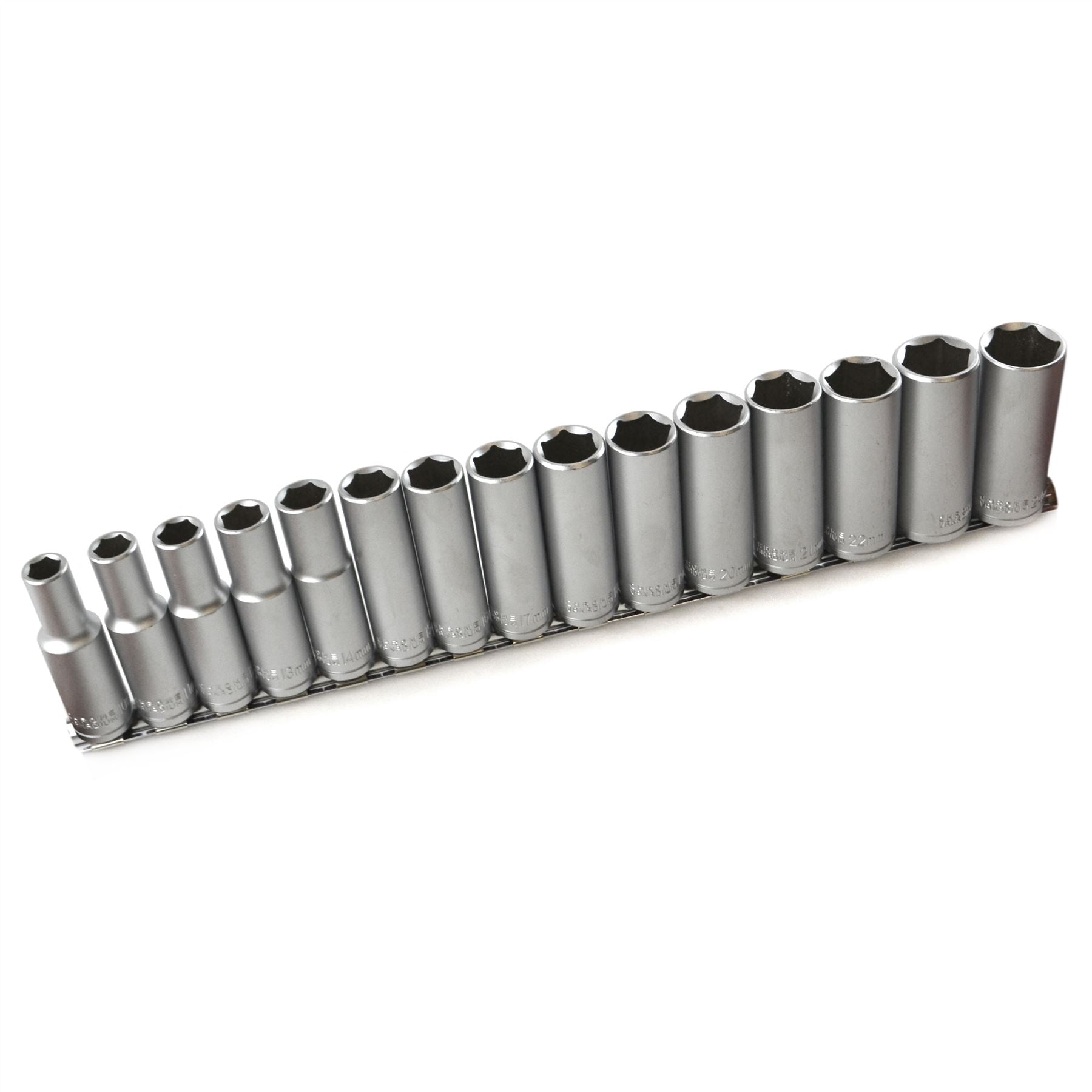 15pc 1/2" dr Deep Reach CRV Sockets On Rail 10-24mm Hex 6 Point Metric TE885