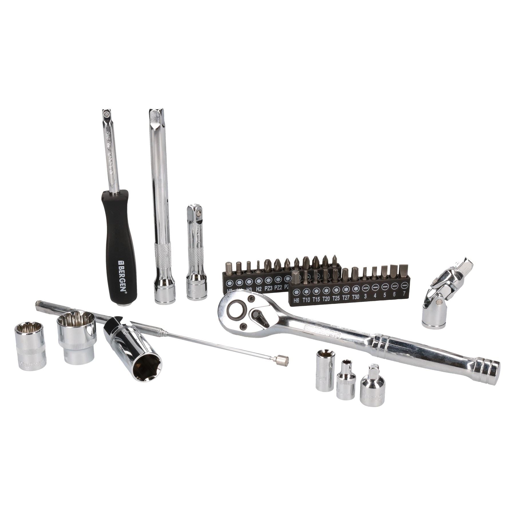 Coffret de 52 douilles métriques MM et accessoires à entraînement 1/4" + 3/8" à verrouillage par engrenage