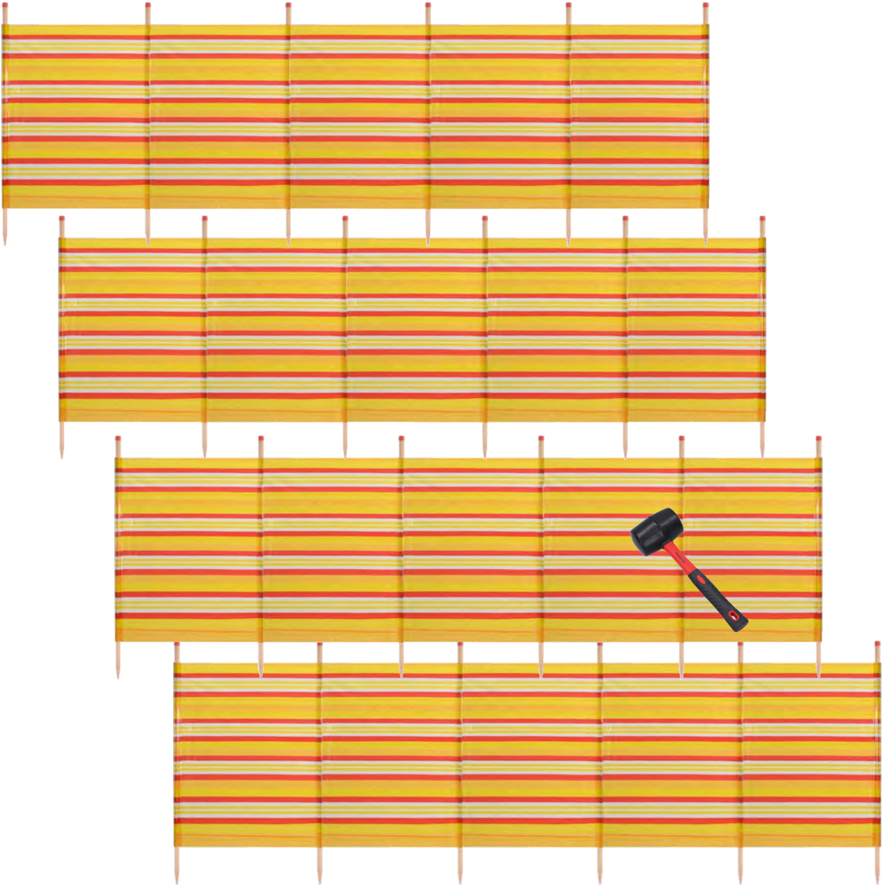 Abri de plage coupe-vent à 6 poteaux 1,5 m sur 3,7 m avec brise-vue et bande jaune