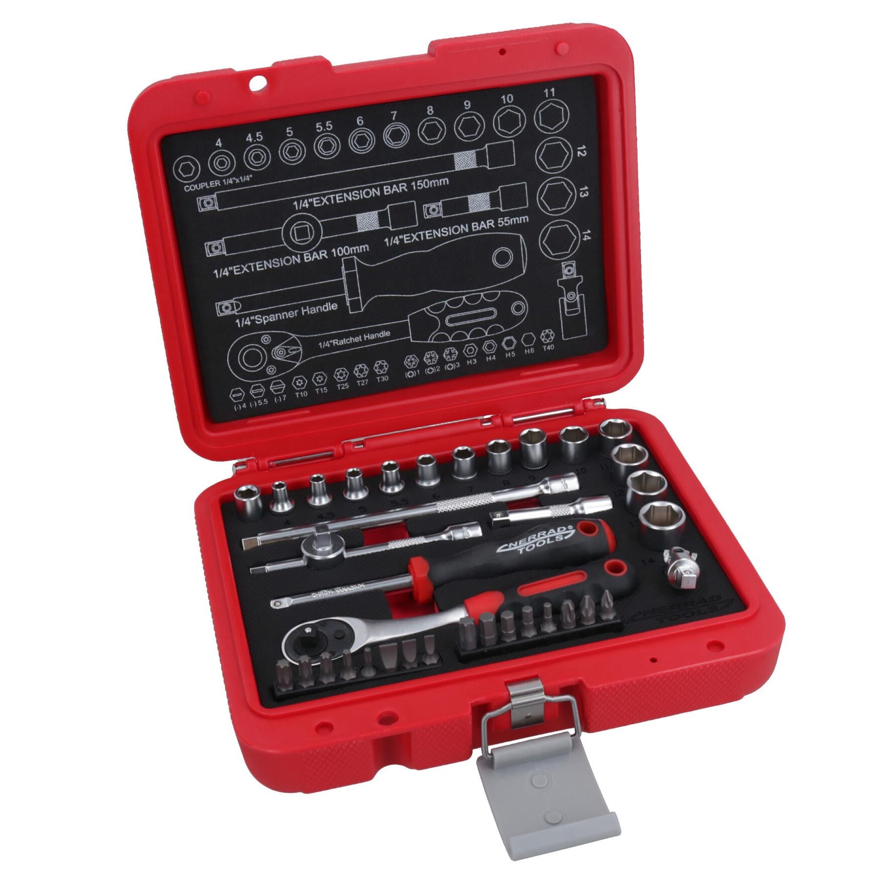 1/4-Zoll-Steckschlüssel-Bitsatz, metrische Größen 4 – 14 mm, Verlängerungen, Ratschen, Sechskant, 37-teilig