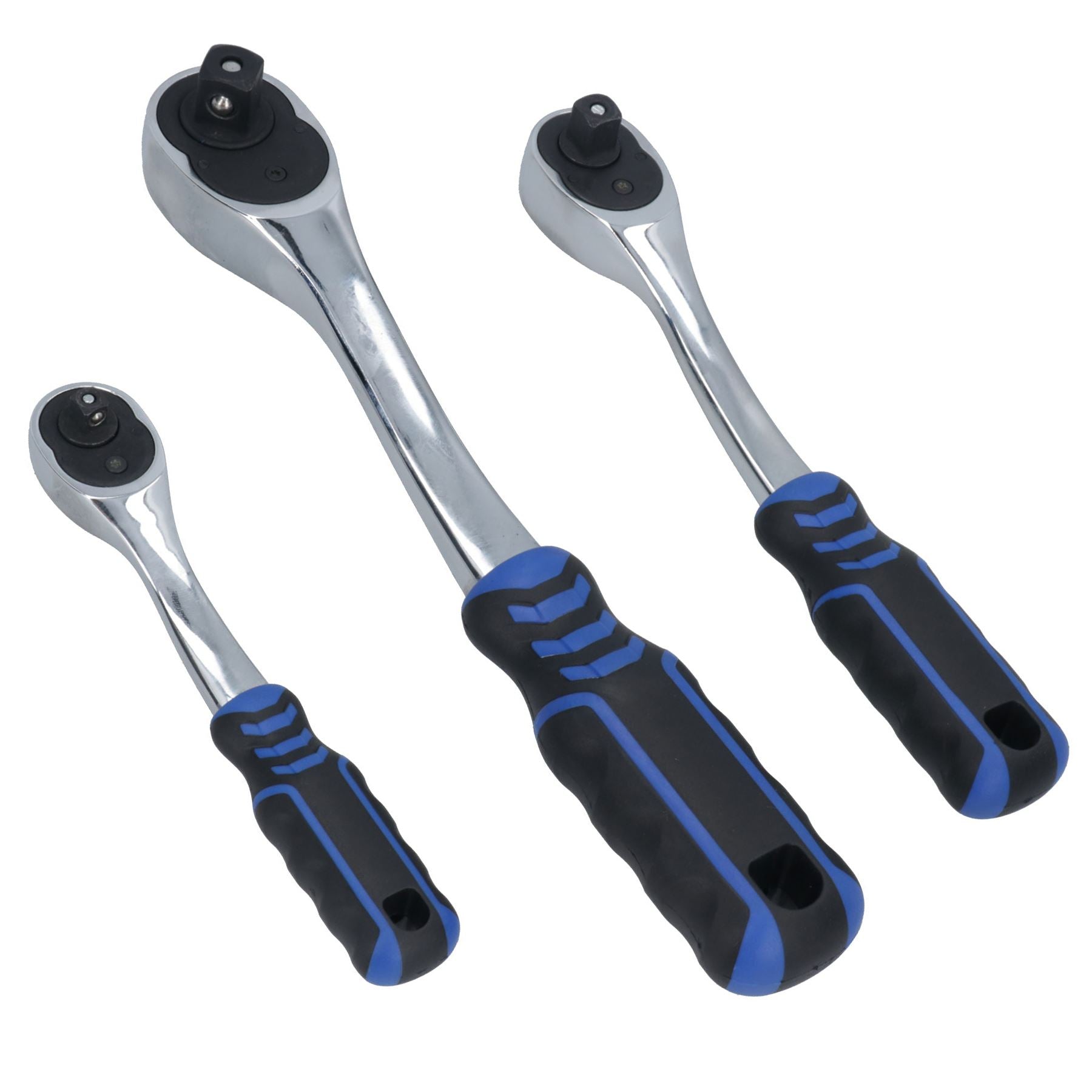 1/4in 3/8in 1/2in Drive Ratchets Curved Handle 90 Teeth Quick Release 3pc Set