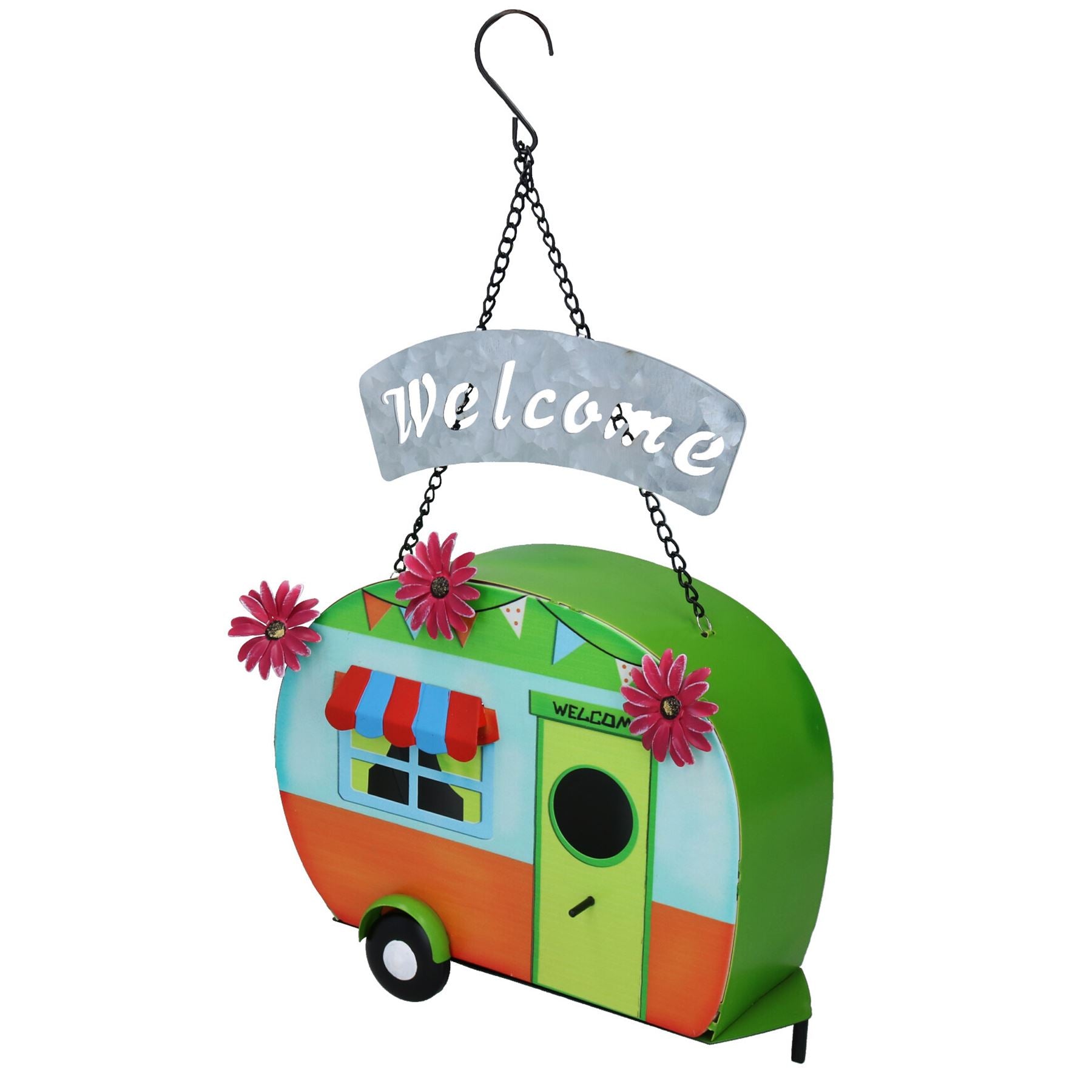 Funky Metal Caravan Bird House - For Wild Birds Garden Decor Green & Orange