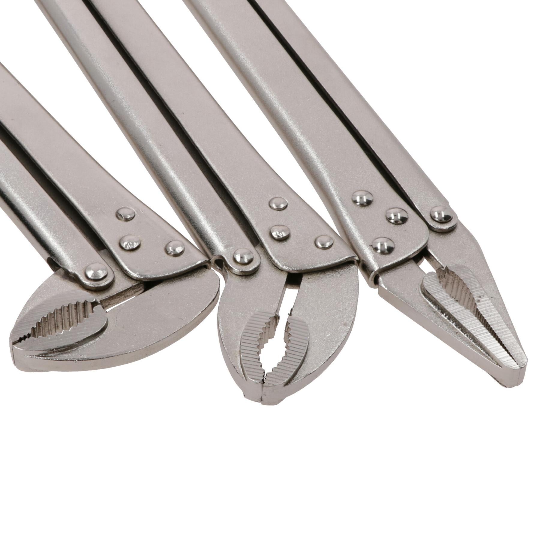 3-teiliges Set mit extra langer Nase, 15 Zoll, verstellbare Feststellzange, Maulwurfsgriffe, gerade, 45°, 90°