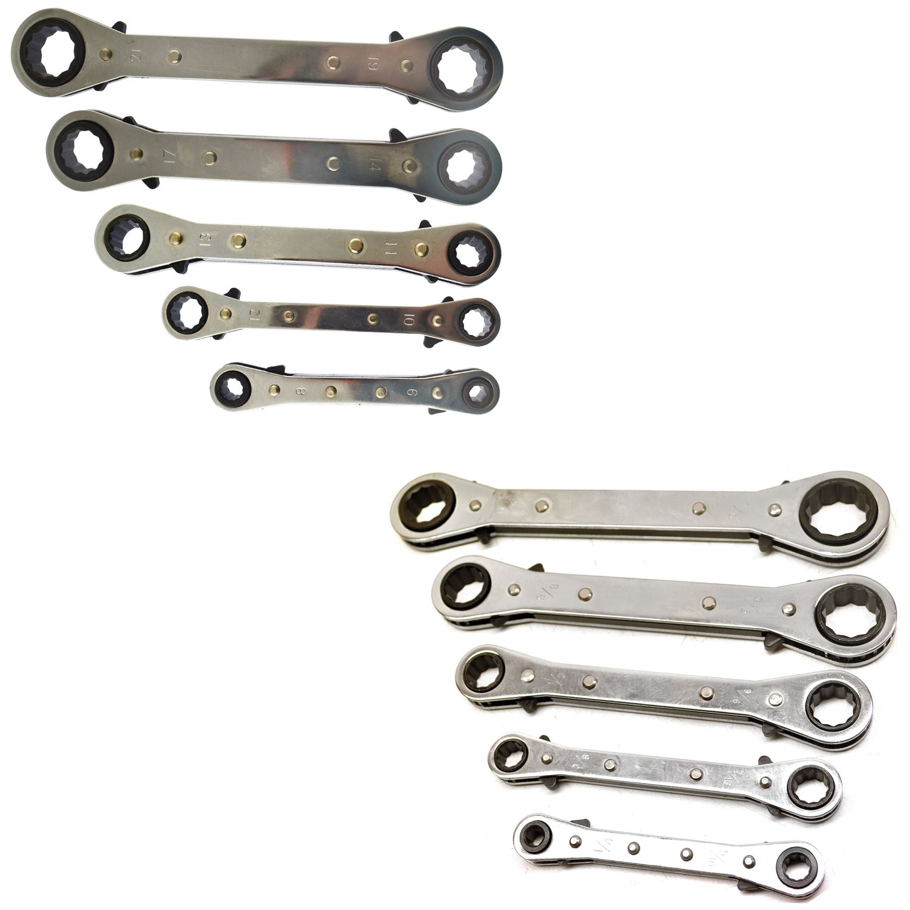 Ratchet Spanner Wrench Set Metric and Imperial AF SAE Sizes Double Ring