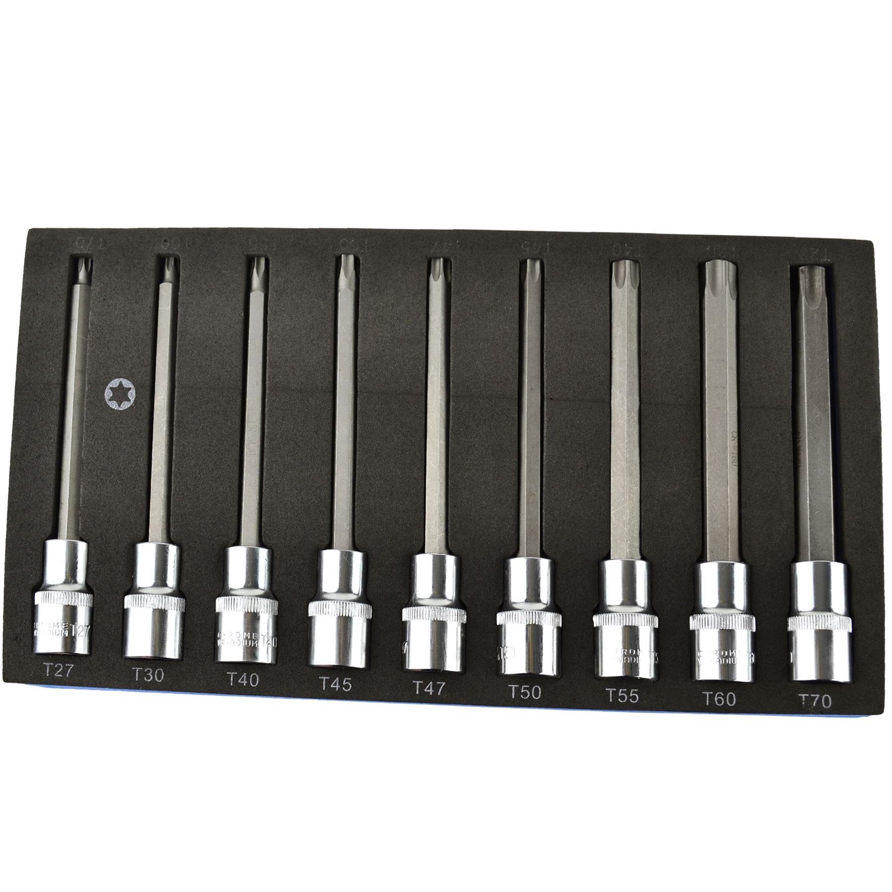Torx-/Stern-Bit-Steckschlüsseleinsätze, 1/2-Zoll-Antrieb, 9-tlg. T27 – T70, tief, von BERGEN AT828