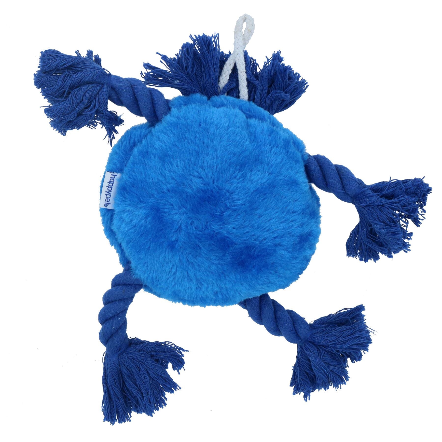 Plush Soft Blue Happy Face Dog Play Toy With Squeak & Rope Arms.