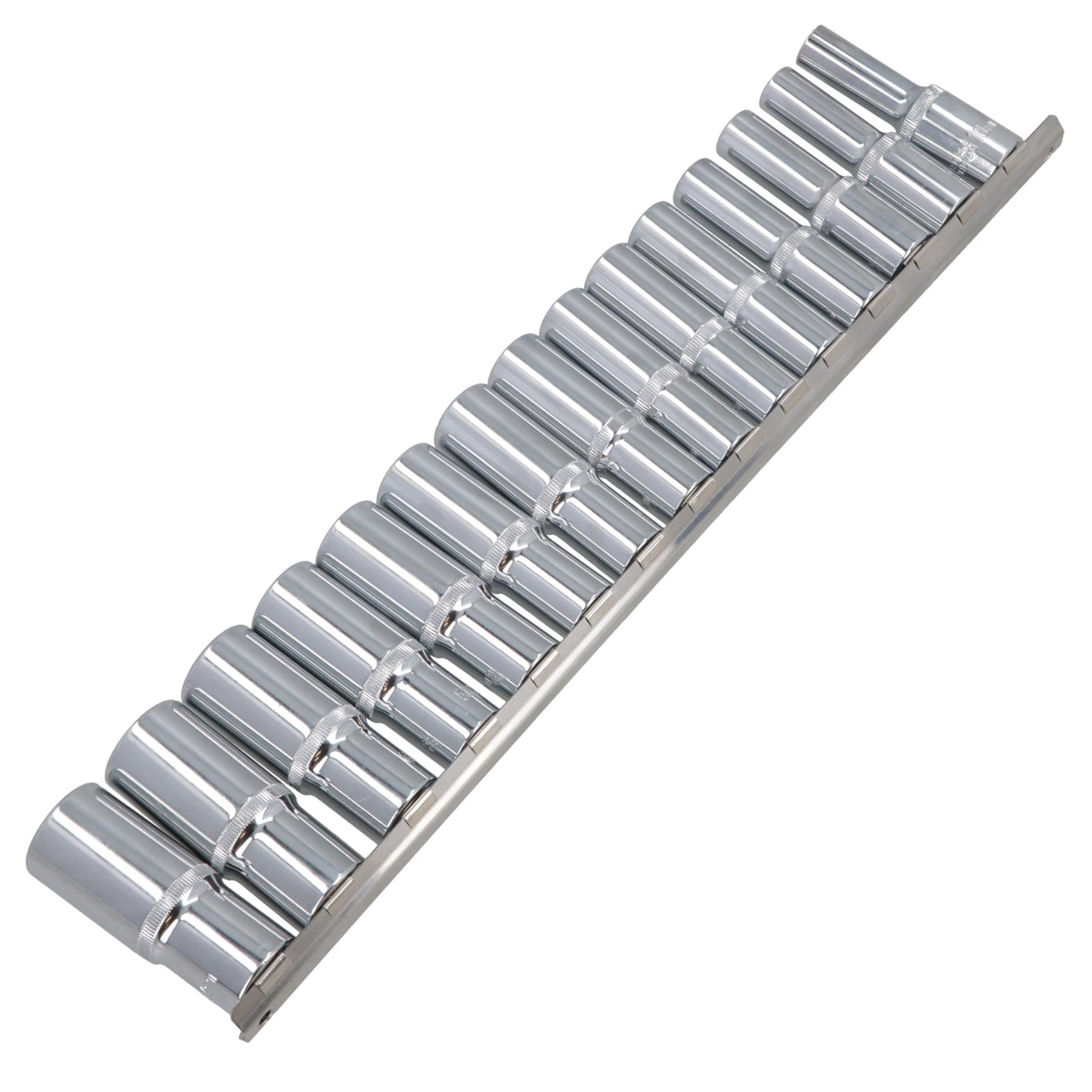 15pc 1/2" dr Deep Reach CRV Sockets On Rail 10-24mm Hex 6 Point Metric TE885