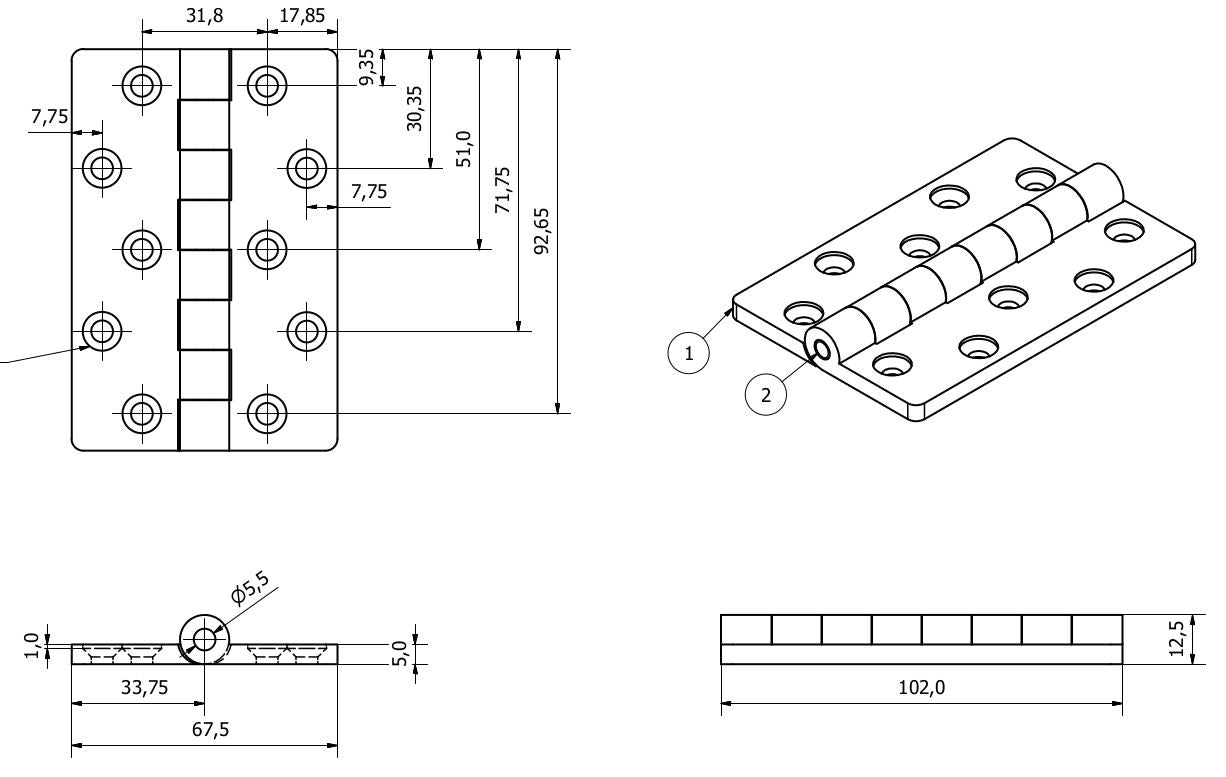 Charnière en plastique renforcé en nylon noir 67x102 mm Fabrication italienne Qualité industrielle