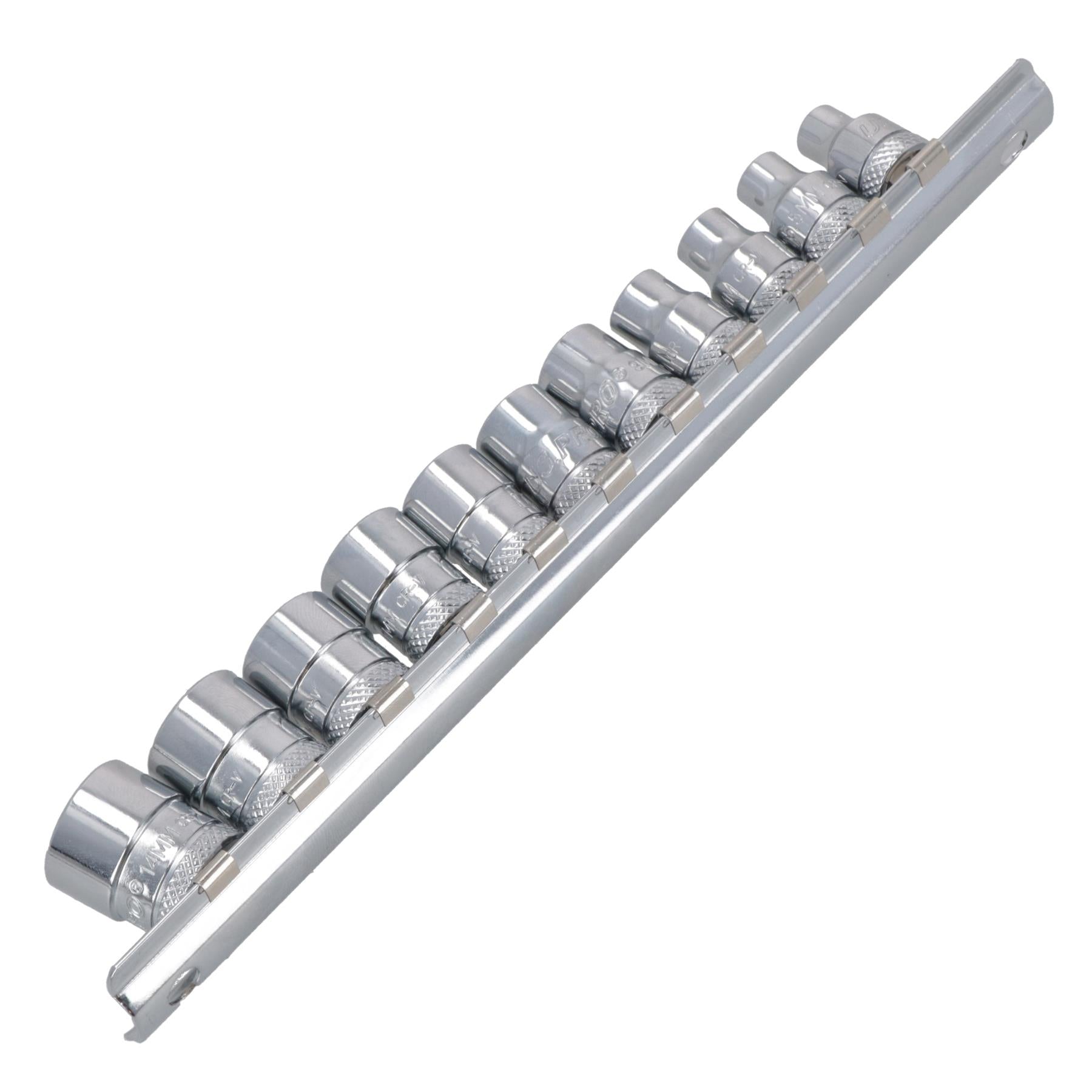 1/4" Drive Low Profile Metric Sockets 5mm - 14mm 11pcs 12 Sided Bi-Hex On Rail