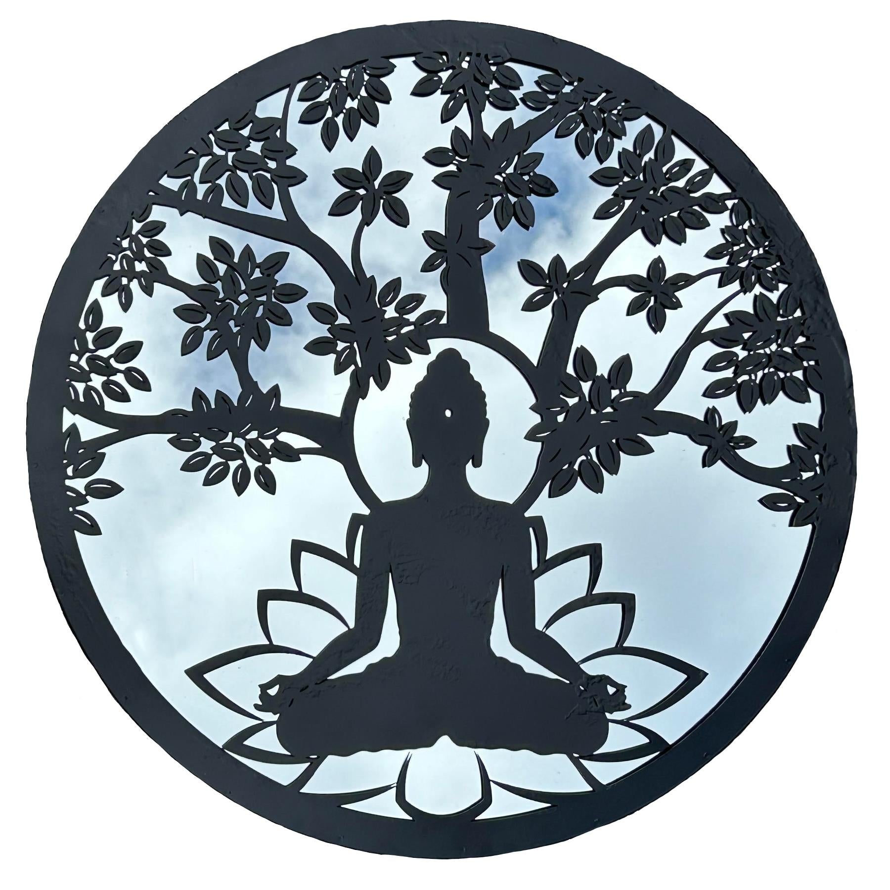 Miroir rond en métal noir représentant un arbre de Bouddha, décoration murale, cadeau pour la maison ou le jardin