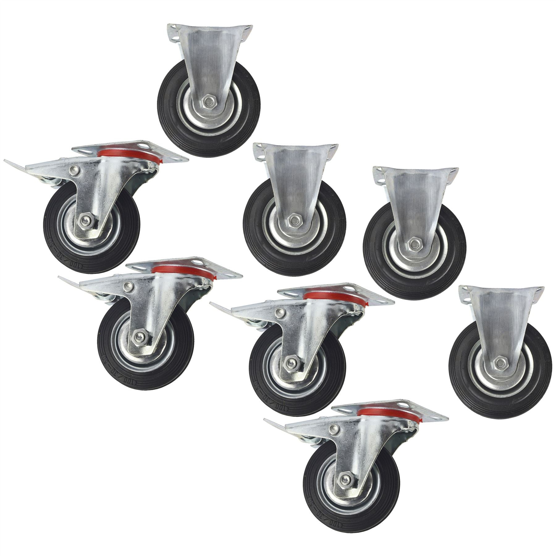 4" (100mm) Rubber Fixed and Swivel With Brake Castor Wheels (8 Pack) CST03_05