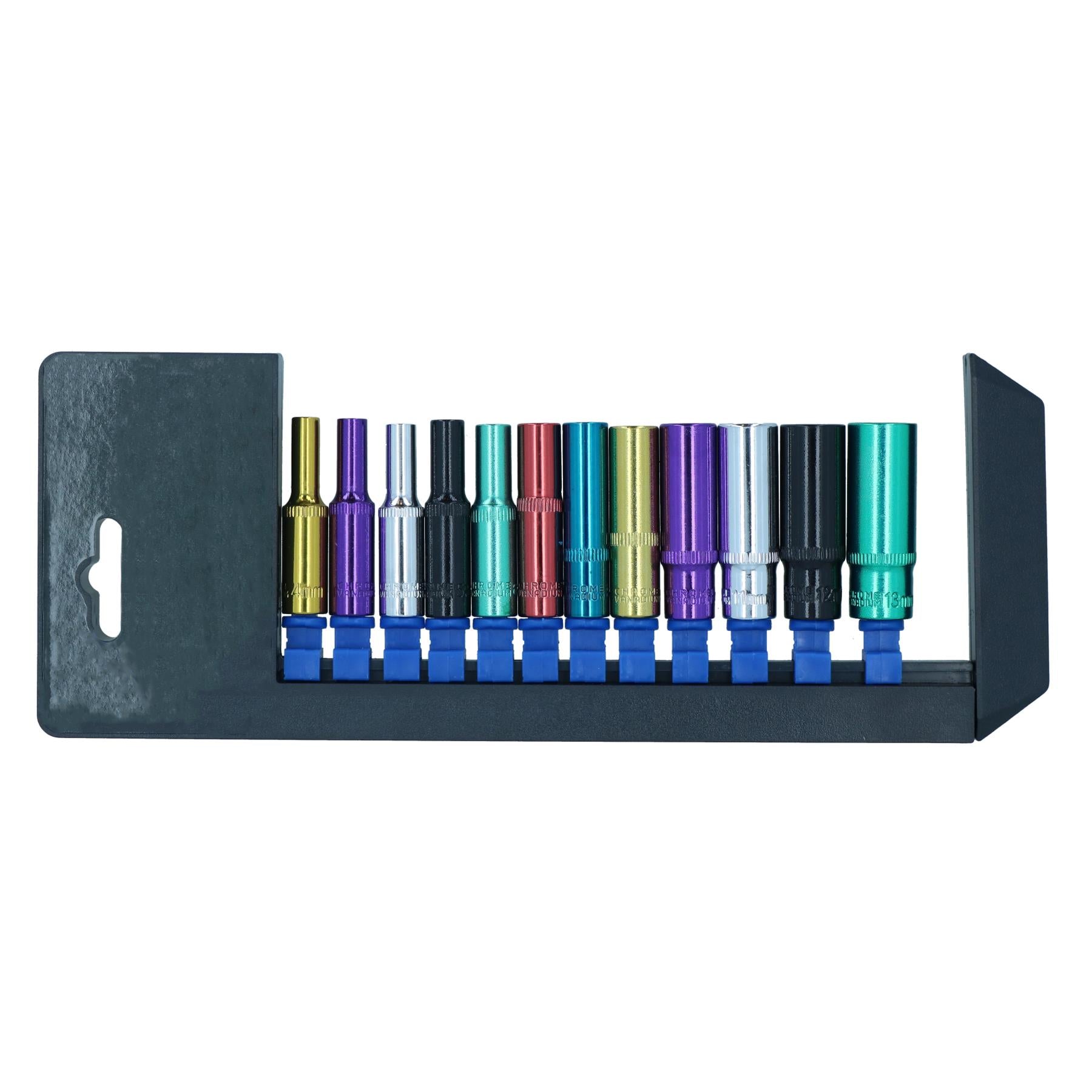 Lot de 12 douilles profondes colorées 1/4" à 6 pans métriques 4-13 mm avec rail