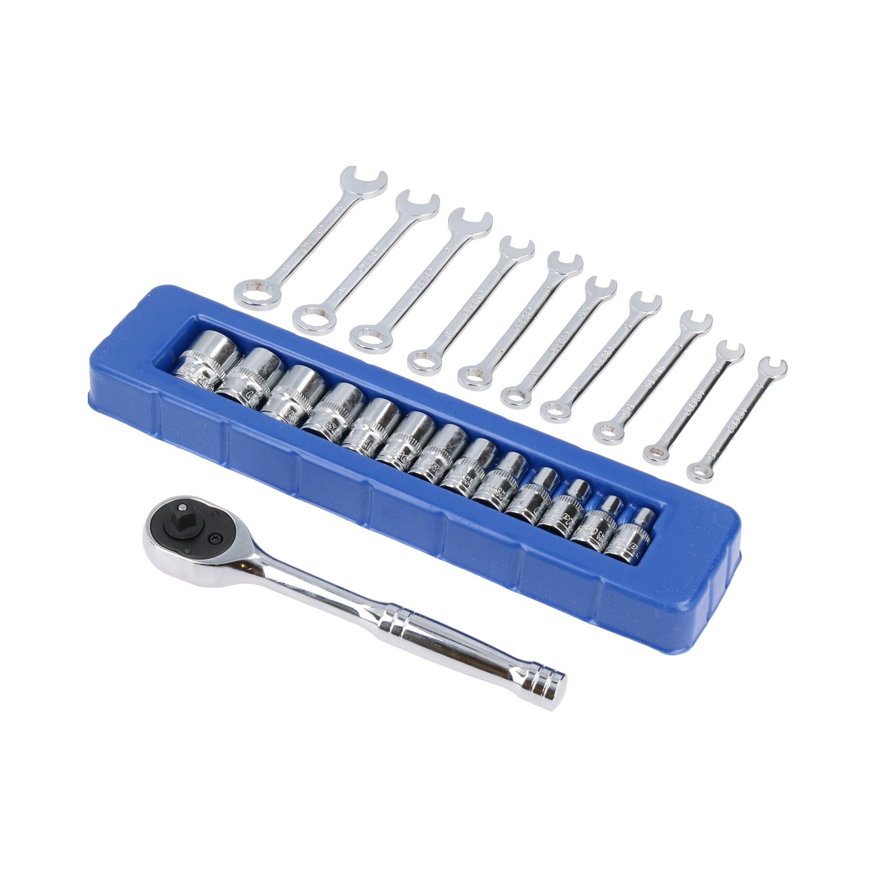 Metric 1/4in Drive Sockets 4 – 14mm + 10pc Spanners 4 – 11mm + 1/4in Ratchet