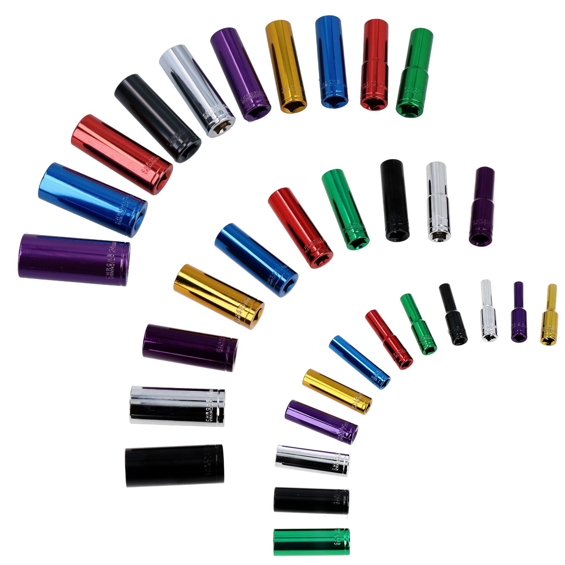 Douilles à code couleur profondes métriques mixtes 1/4" 3/8" + 1/2" 4 - 24 mm 32 pièces