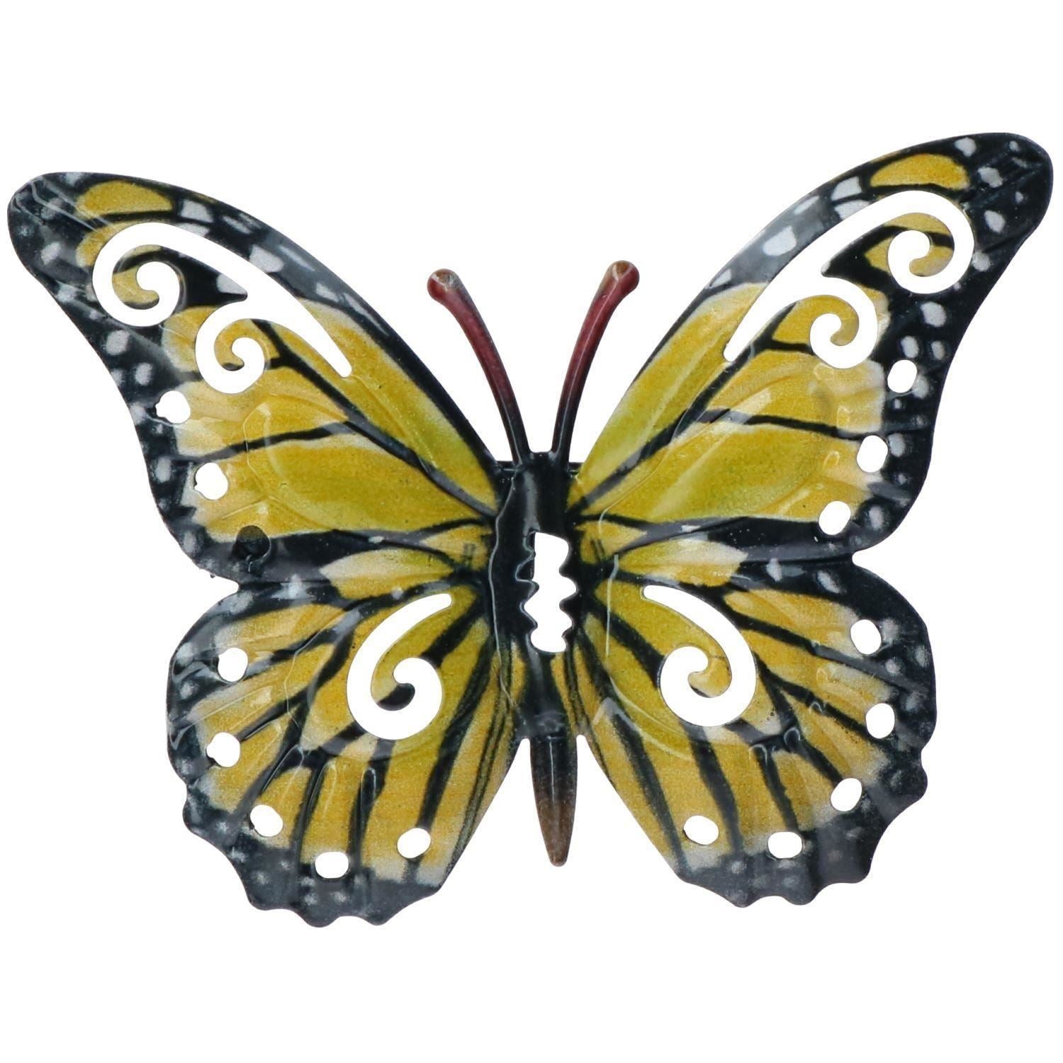 Small Yellow Metal  Butterfly Garden/Home Wall Art Ornament 11x8.5cm 2pk