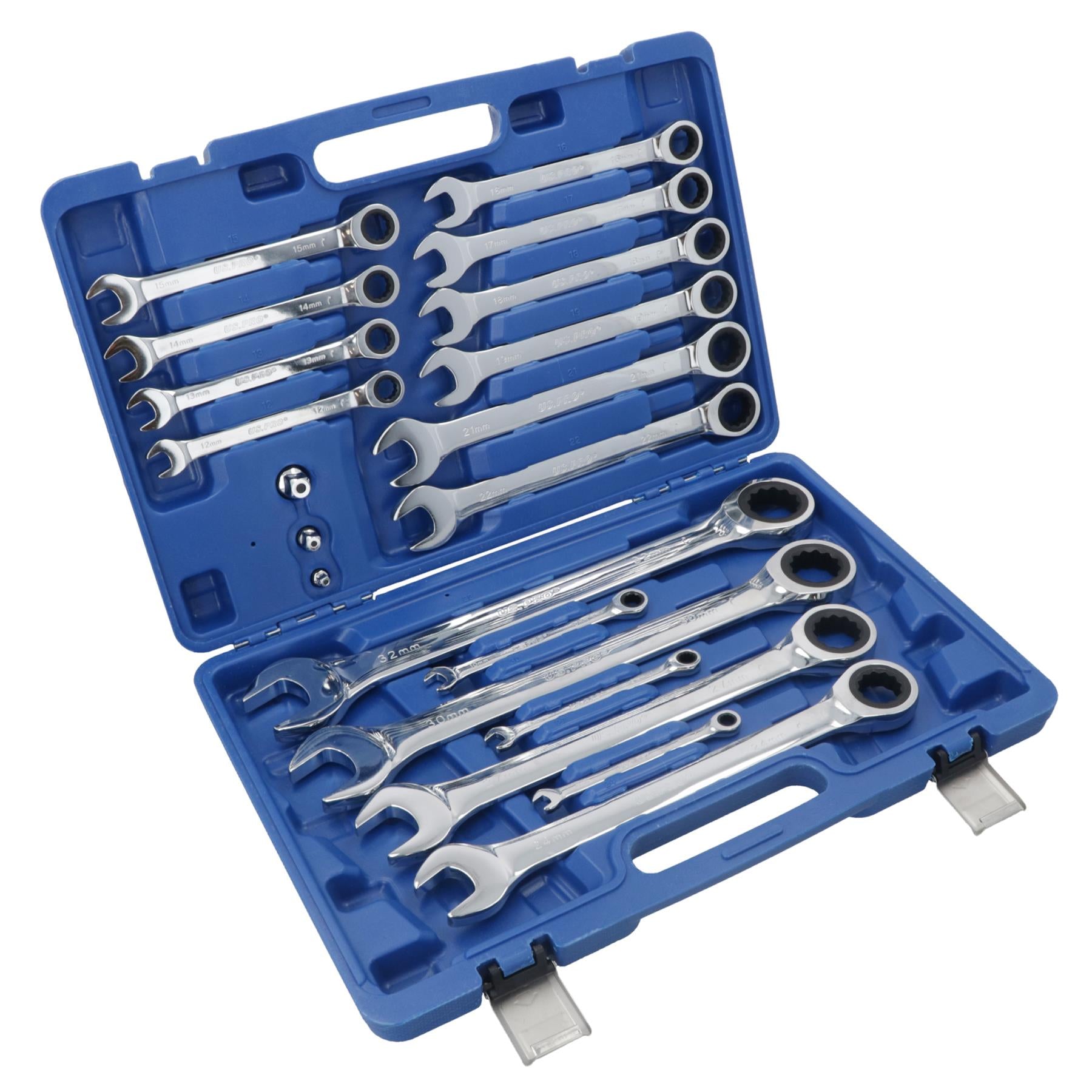 Jeu de clés mixtes à cliquet métriques MM 8 mm – 32 mm, 20 pièces + adaptateurs