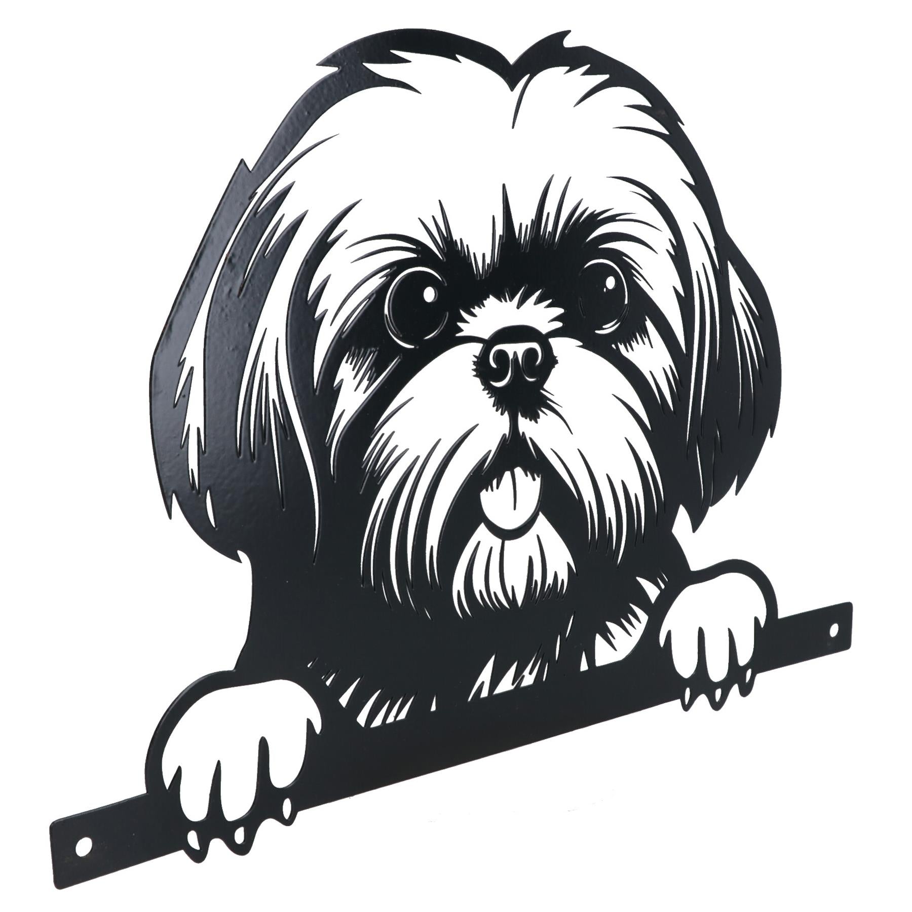 Black Metal Peeking Shih Tzu Silhouette with Fixing Plate Garden Ornament Gift