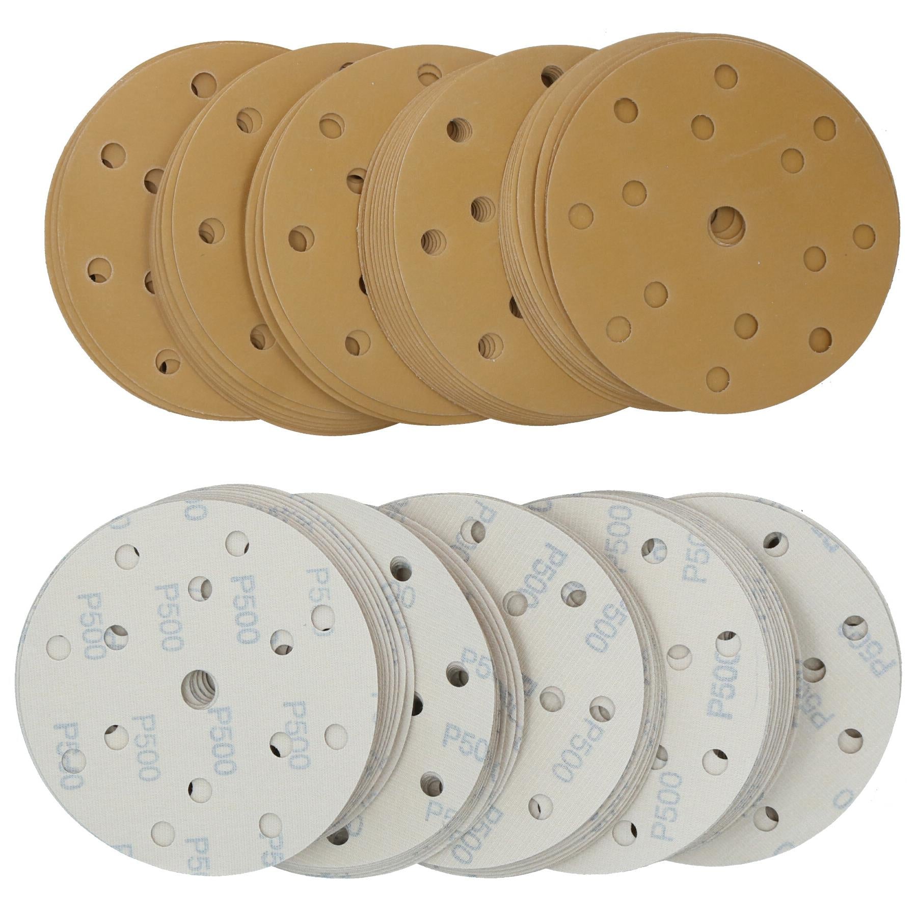 150mm Sanding Discs Aluminium Oxide Abrasive 500 Grit 15 Hole Hook + Loop