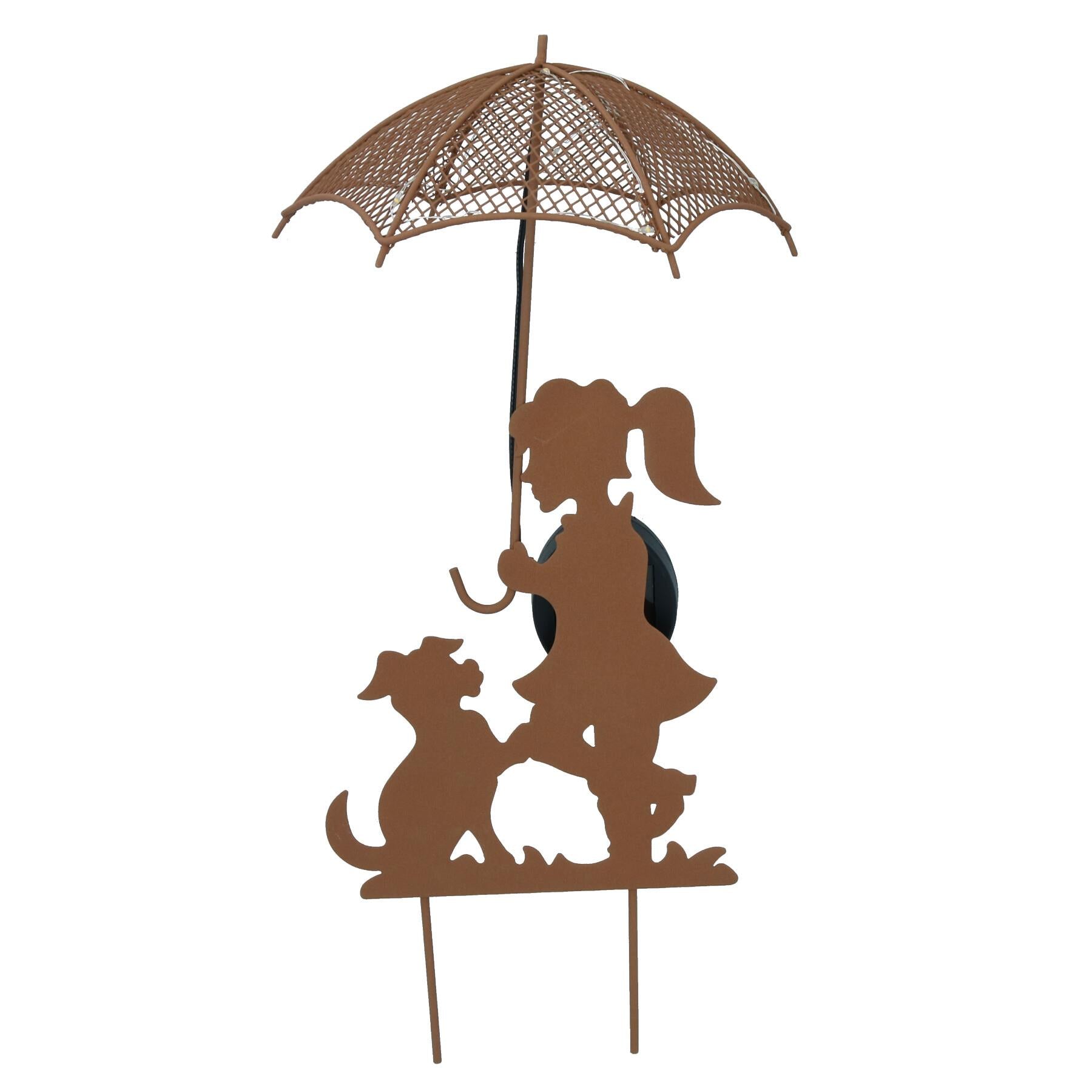 Solar Powered Rustic Girl & Dog with LED Umbrella Garden Decoration Light