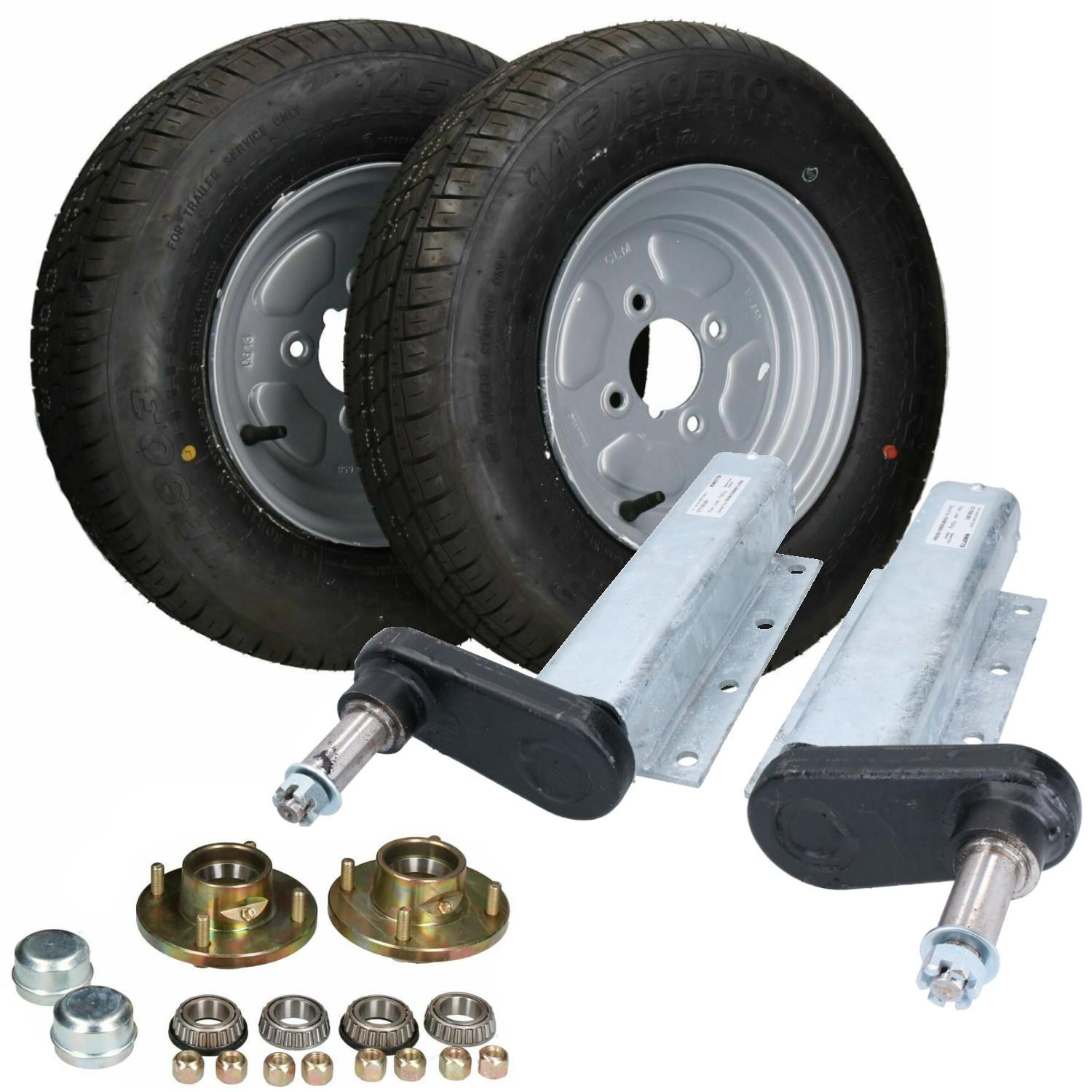 750kg Galvanised Trailer Suspension Units & 10" Wheels & Tyres Kit 4" PCD Hubs