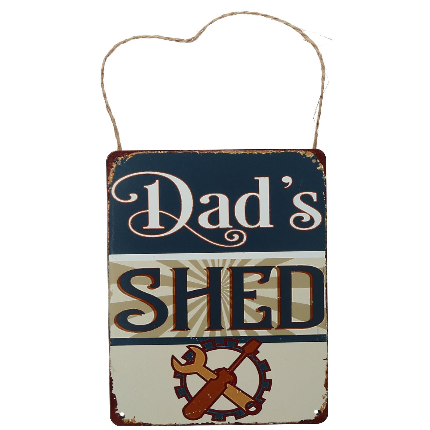 Retro-Metallschild zum Aufhängen „Dad's Shed“ für Garage/Zuhause, vorgestanzte Löcher, 20 x 25 cm